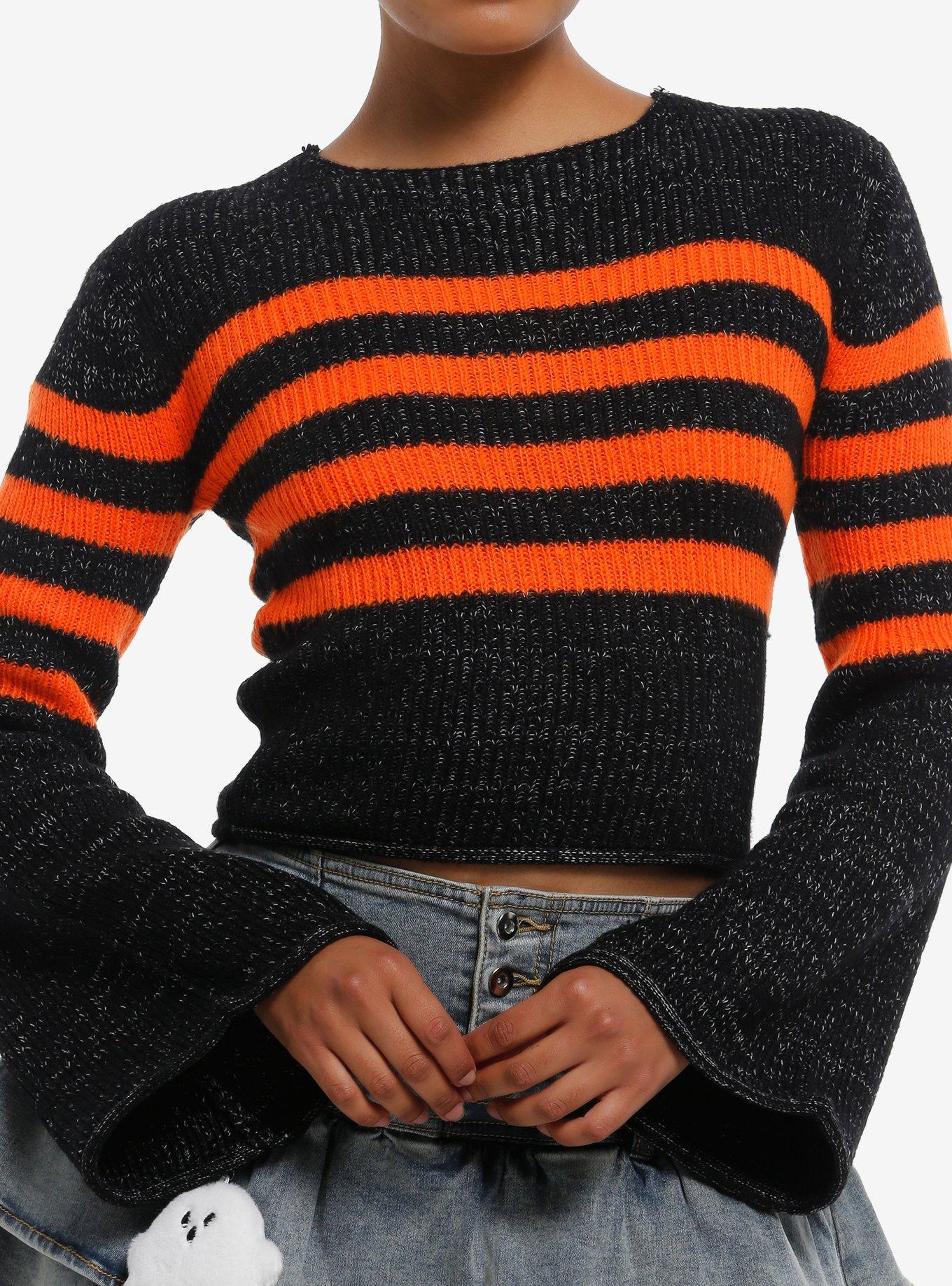 Orange & Black Peppered Knit Girls Crop Sweater, , hi-res
