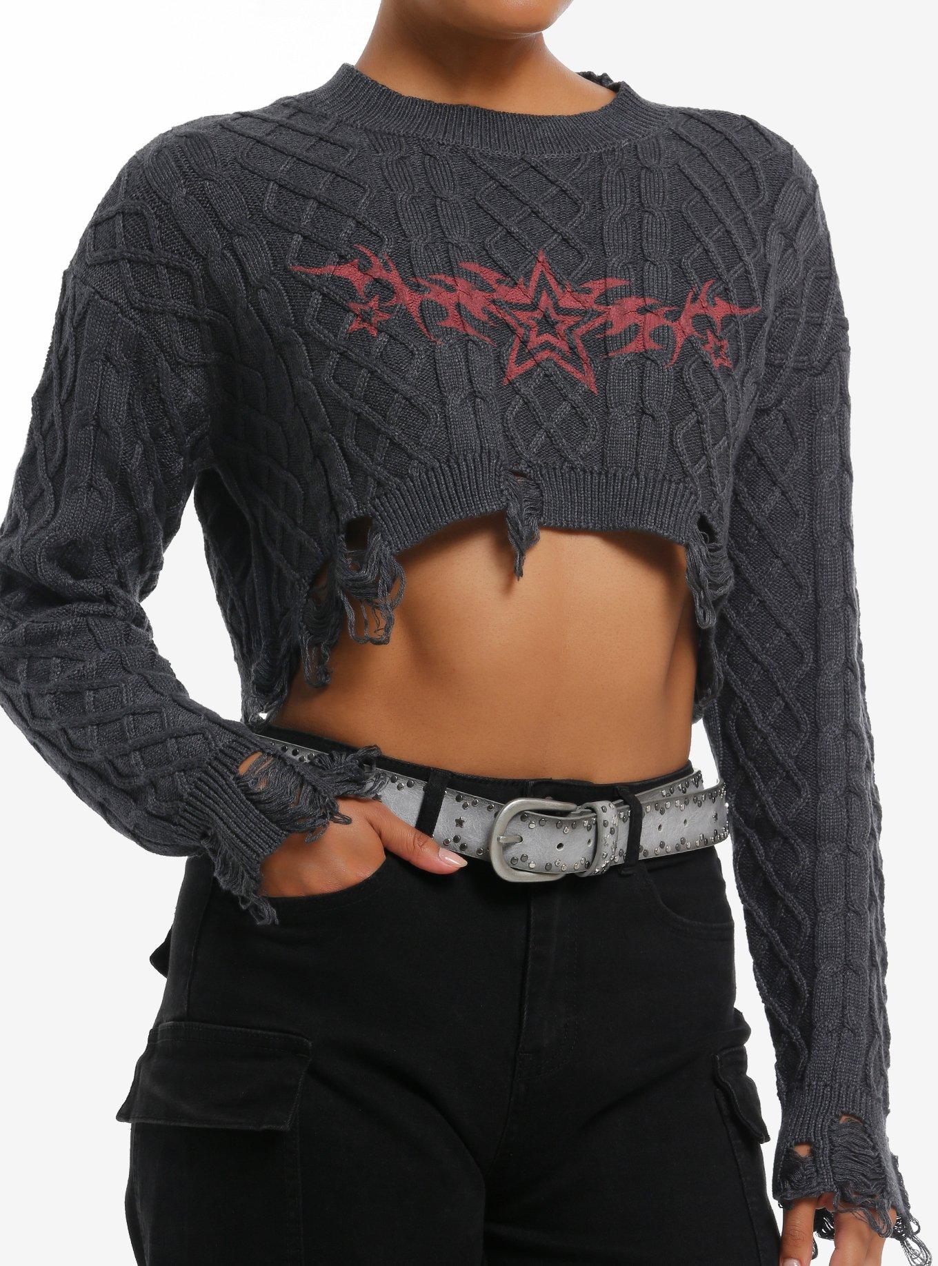 Grey & Red Y2K Star Destructed Bolero Girls Crop Shrug, , hi-res