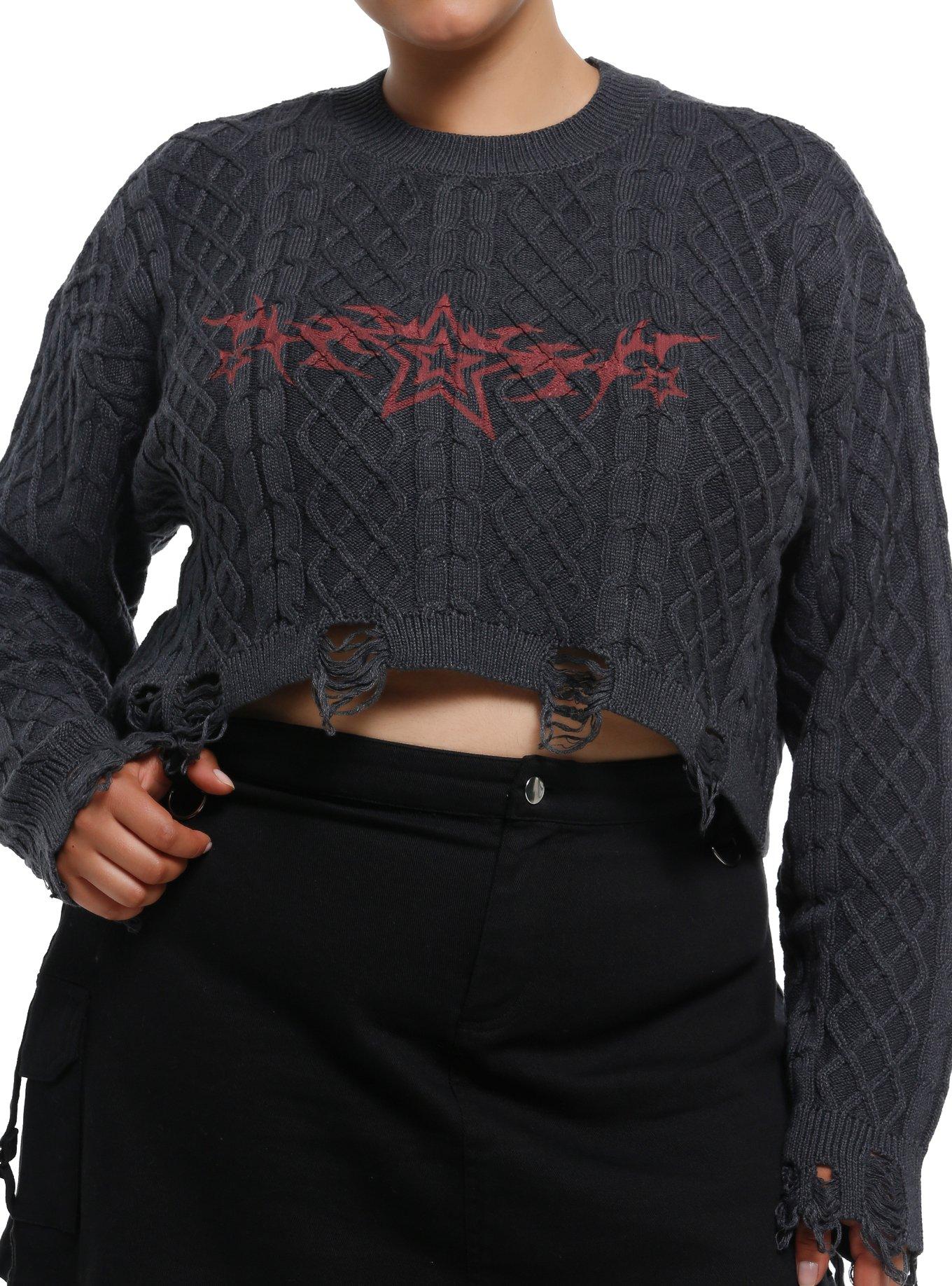 Grey & Red Y2K Star Destructed Bolero Girls Crop Shrug Plus Size, , hi-res