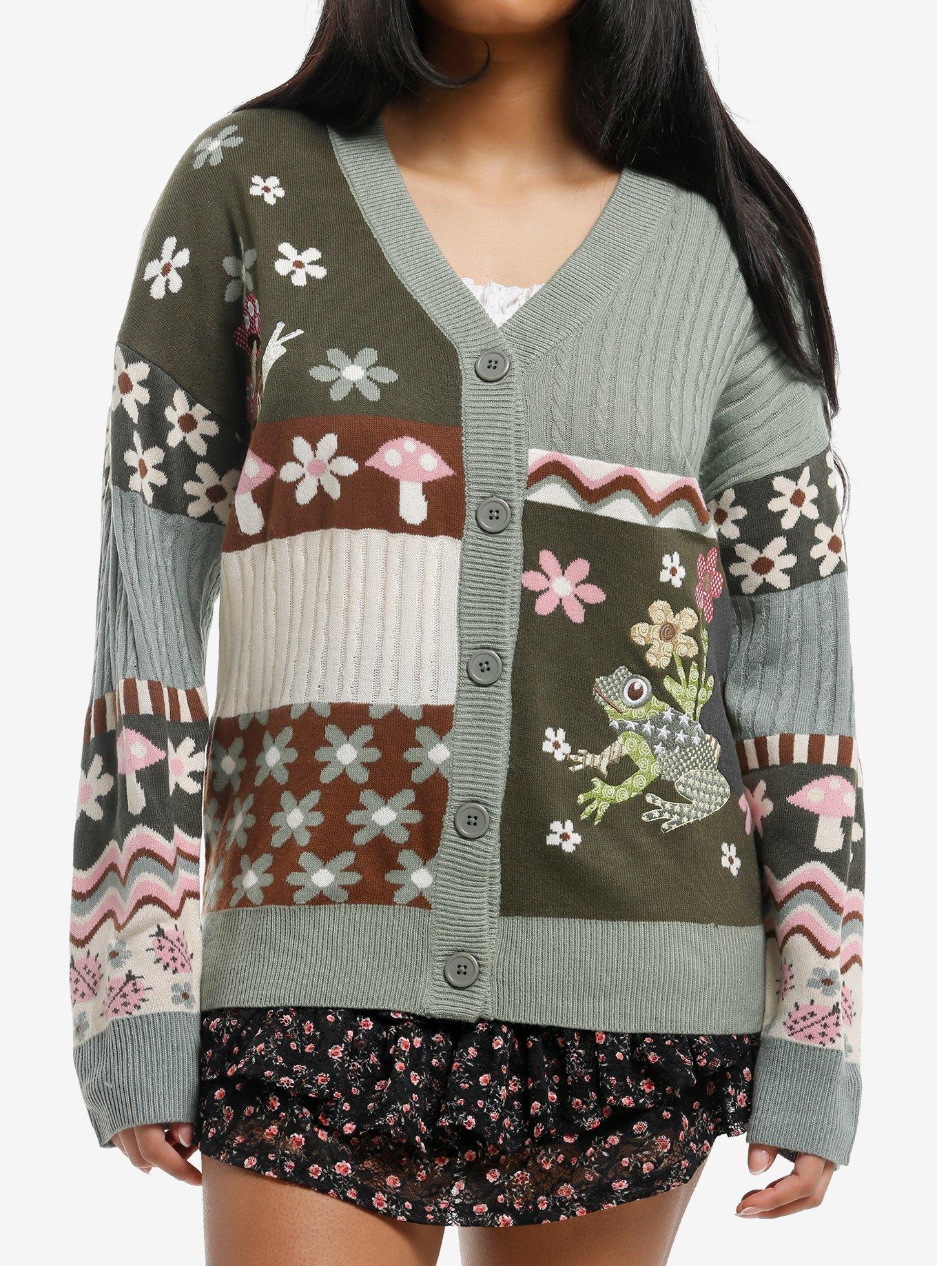 Thorn & Fable Frog & Snail Patchwork Girls Cardigan, , hi-res