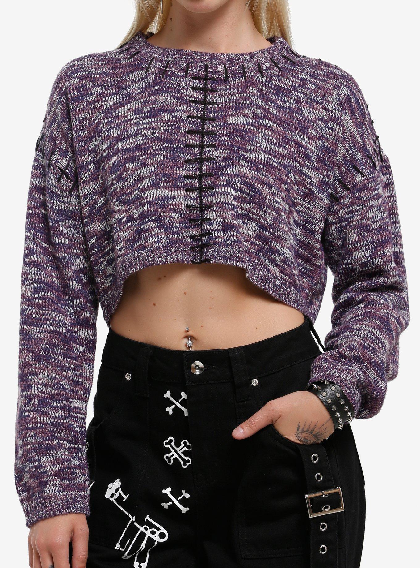 Purple Space-Dyed Girls Crop Sweater, , hi-res