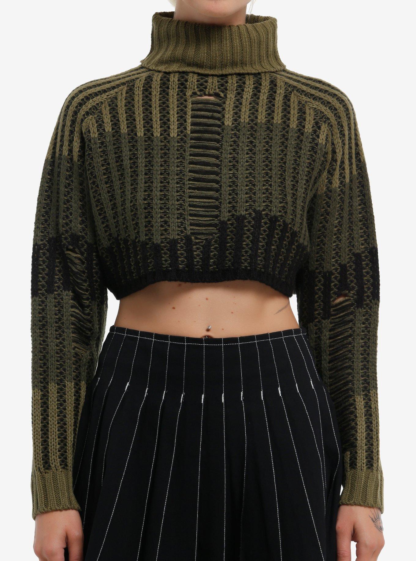 Green Stripe Destructed Girls Crop Sweater, , hi-res