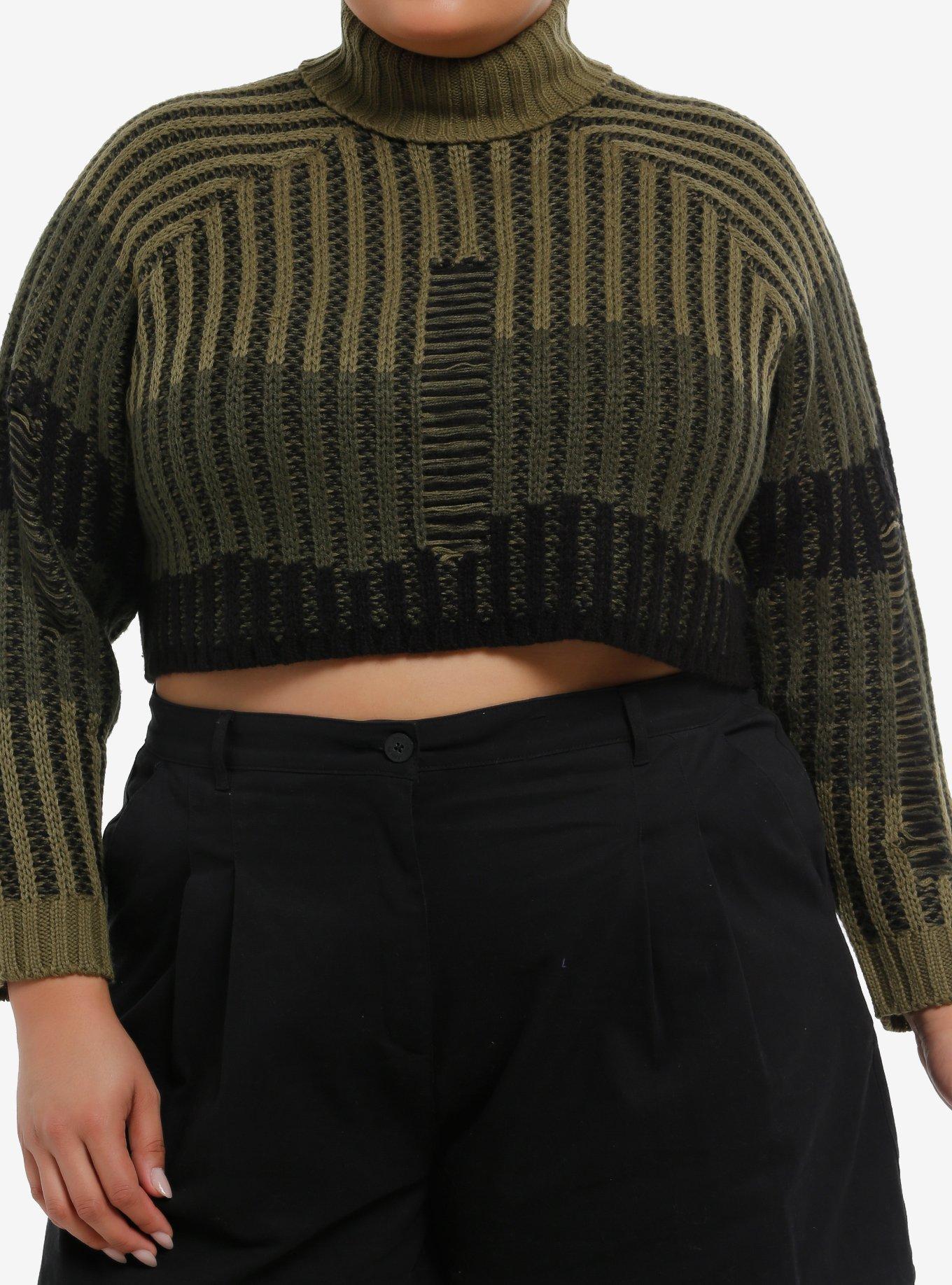 Green Stripe Destructed Girls Crop Sweater Plus Size, , hi-res