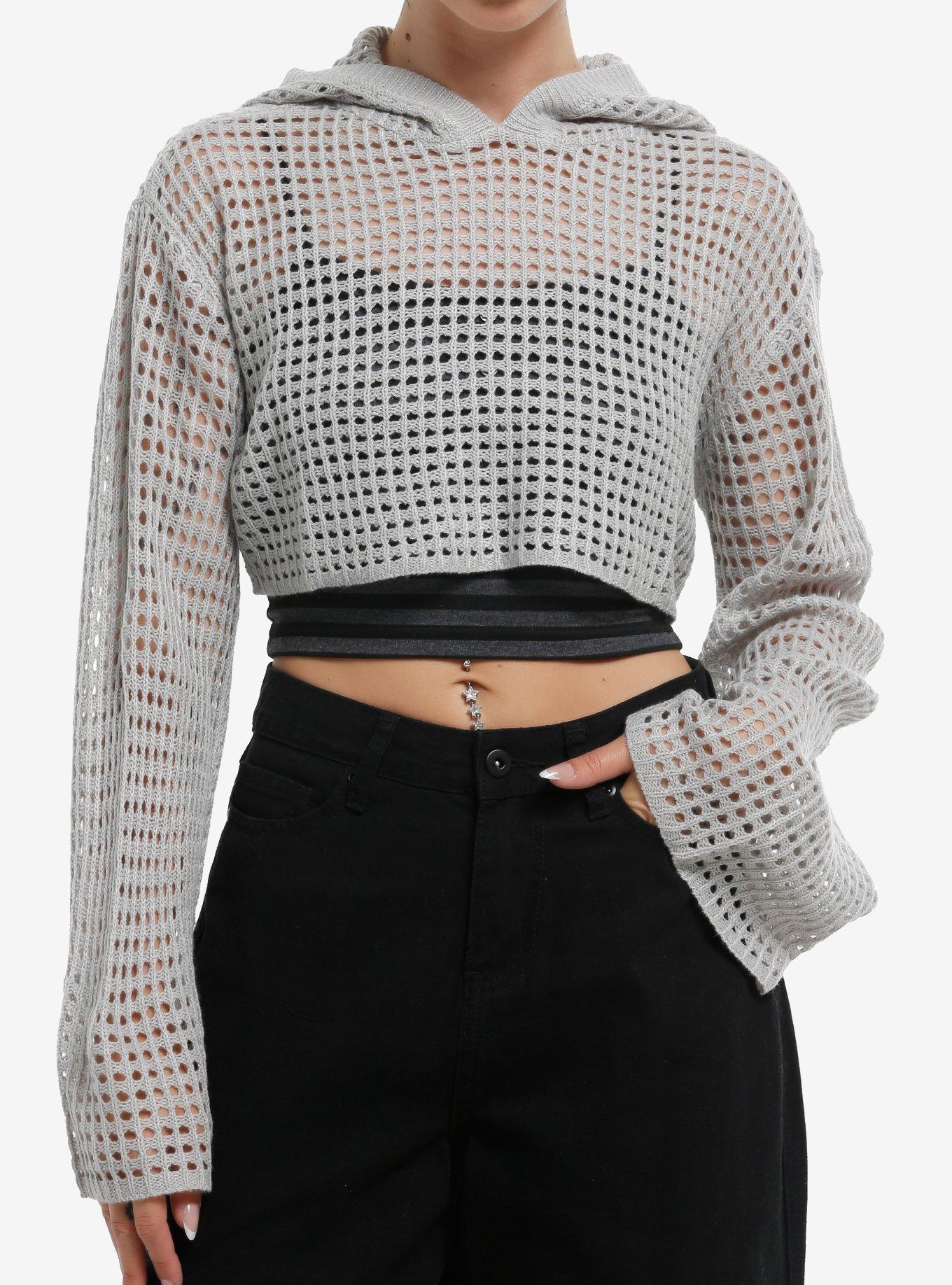 Thorn & Fable Light Grey Girls Crop Knit Hoodie, , hi-res
