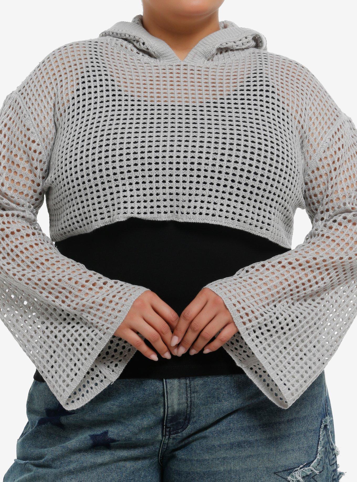 Thorn & Fable Light Grey Girls Crop Knit Hoodie Plus Size, , hi-res