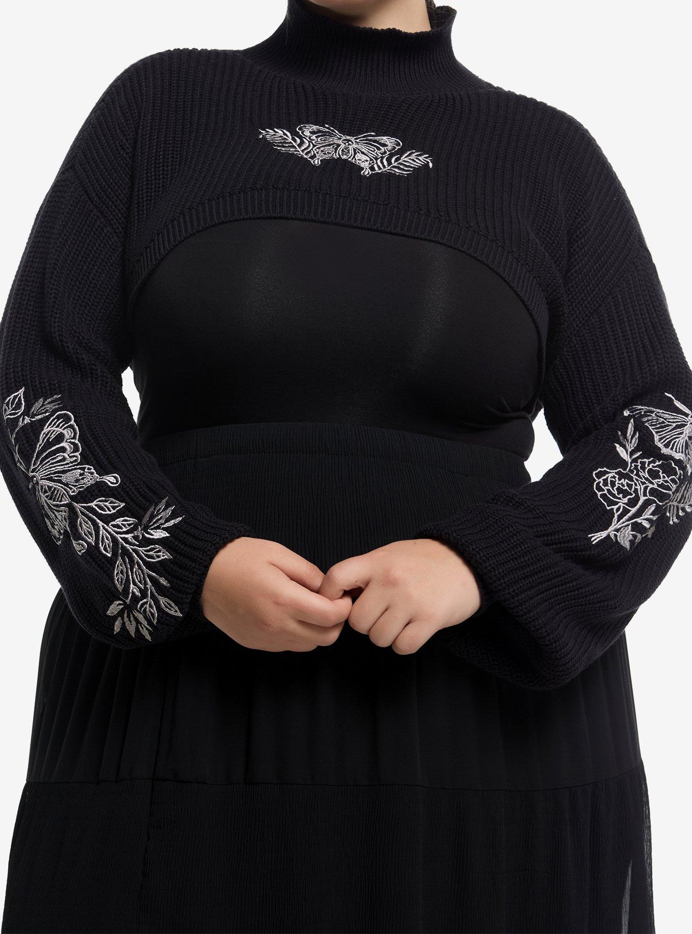 Cosmic Aura Death's-Head Moth Embroidered Mock Neck Bolero Girls Crop Shrug Plus Size, , hi-res