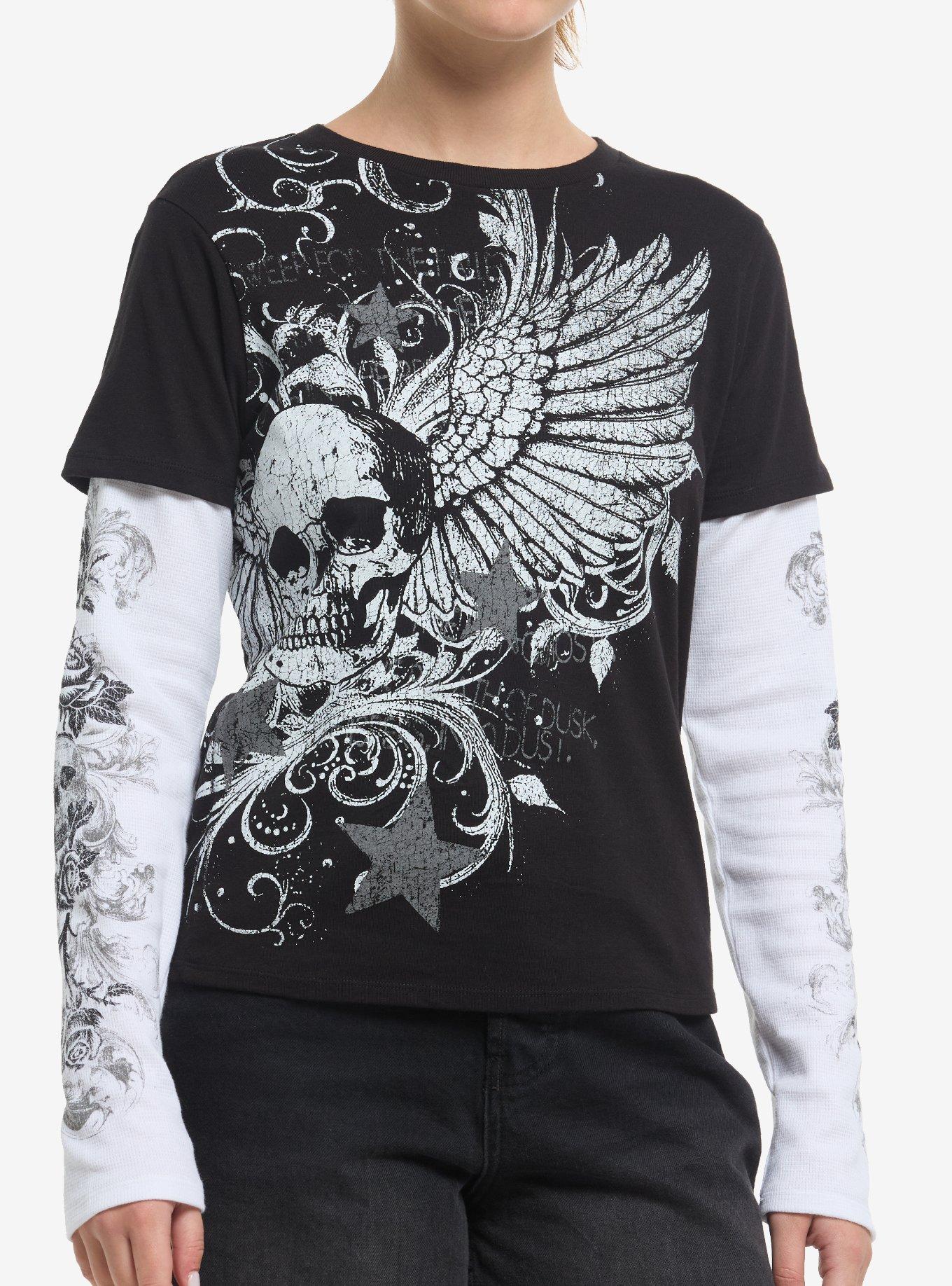 Black & White Winged Skull & Filigree Girls Twofer Long-Sleeve T-Shirt, , hi-res