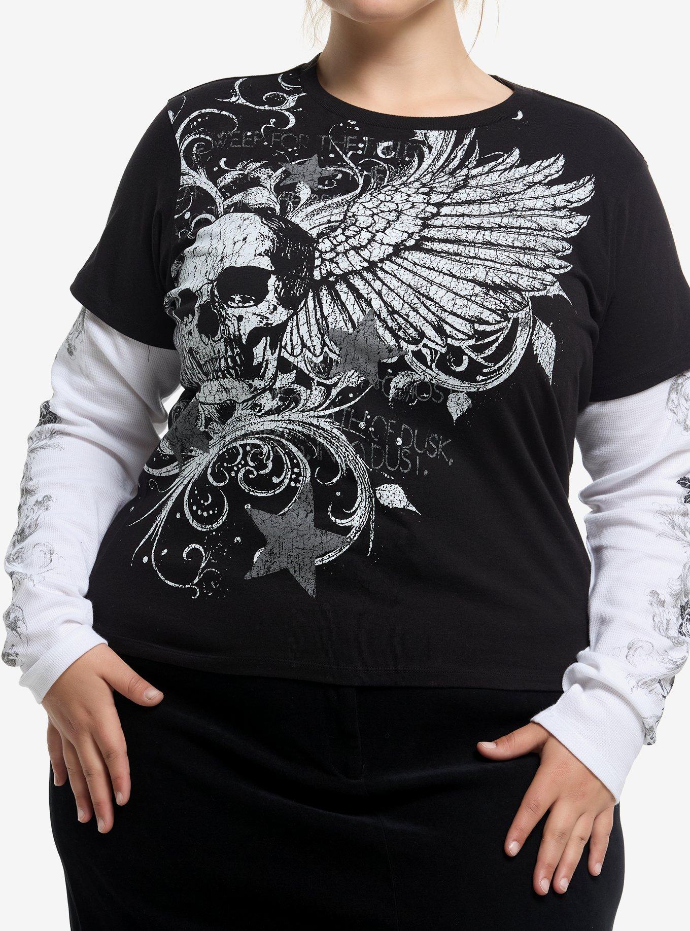 Black & White Winged Skull & Filigree Girls Twofer Long-Sleeve T-Shirt Plus Size, , hi-res