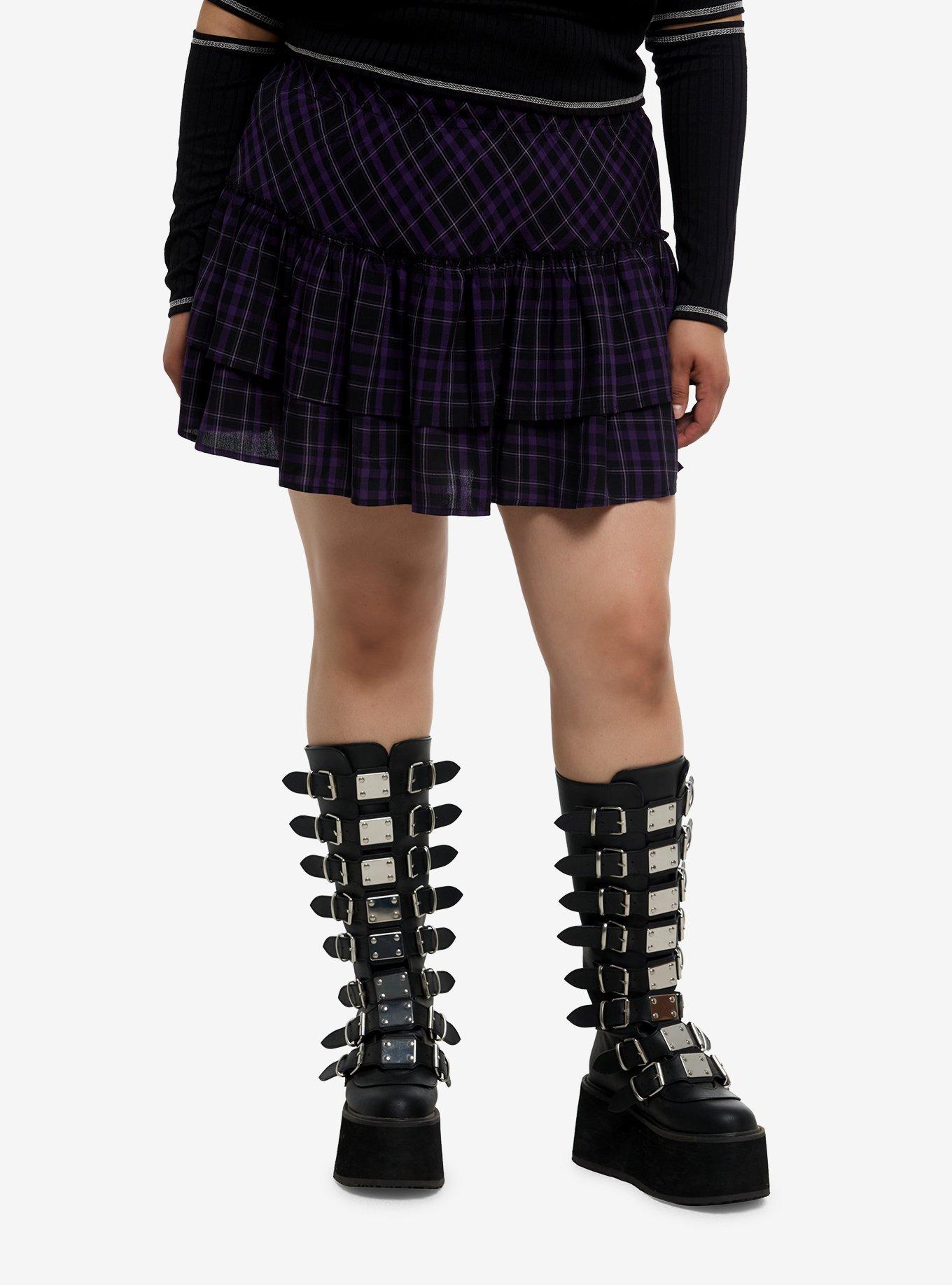 Purple & Black Plaid Tiered Mini Skirt Plus Size, , hi-res