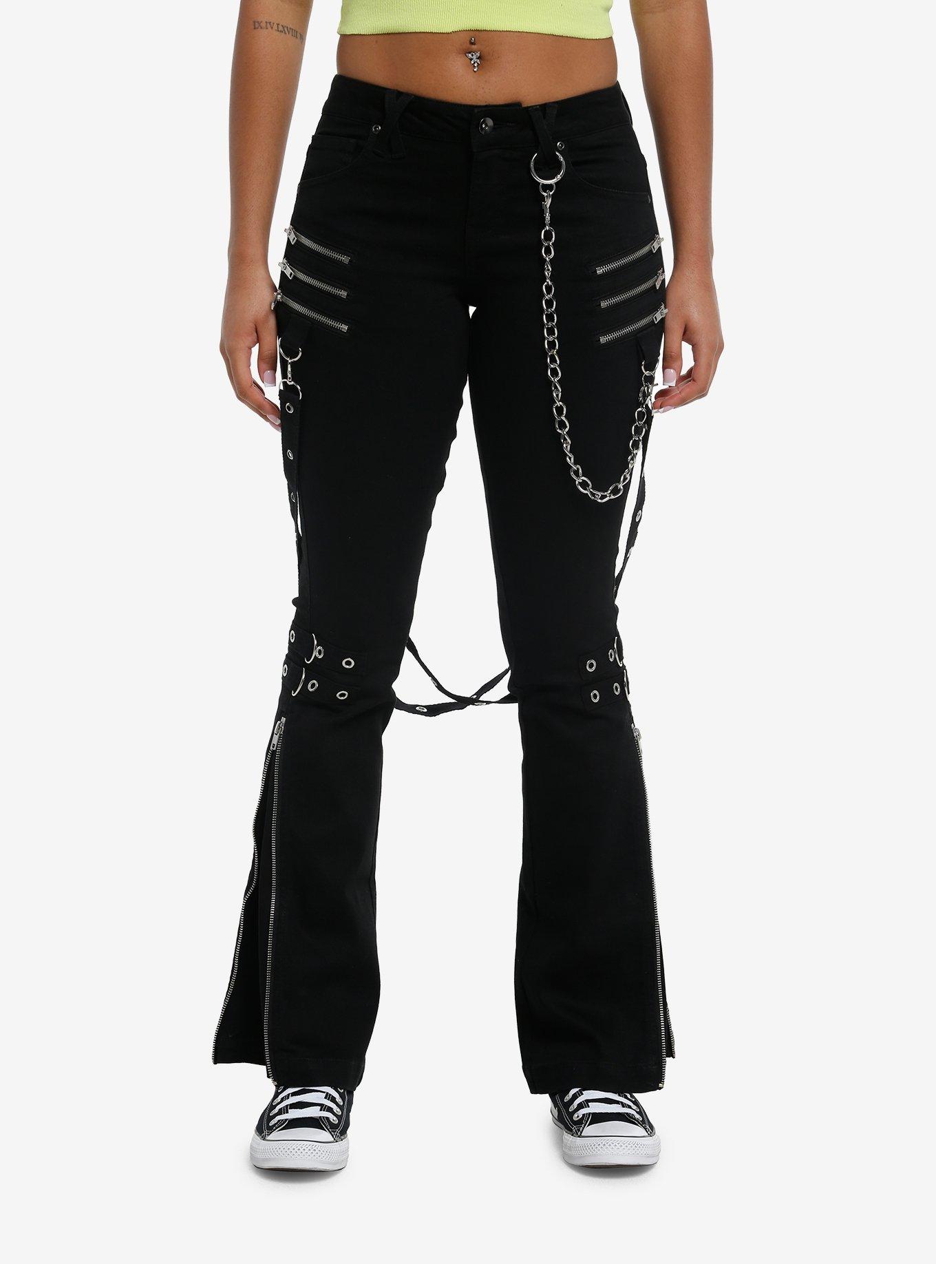 Social Collision Black Zipper Chain Suspender Flare Pants, , hi-res