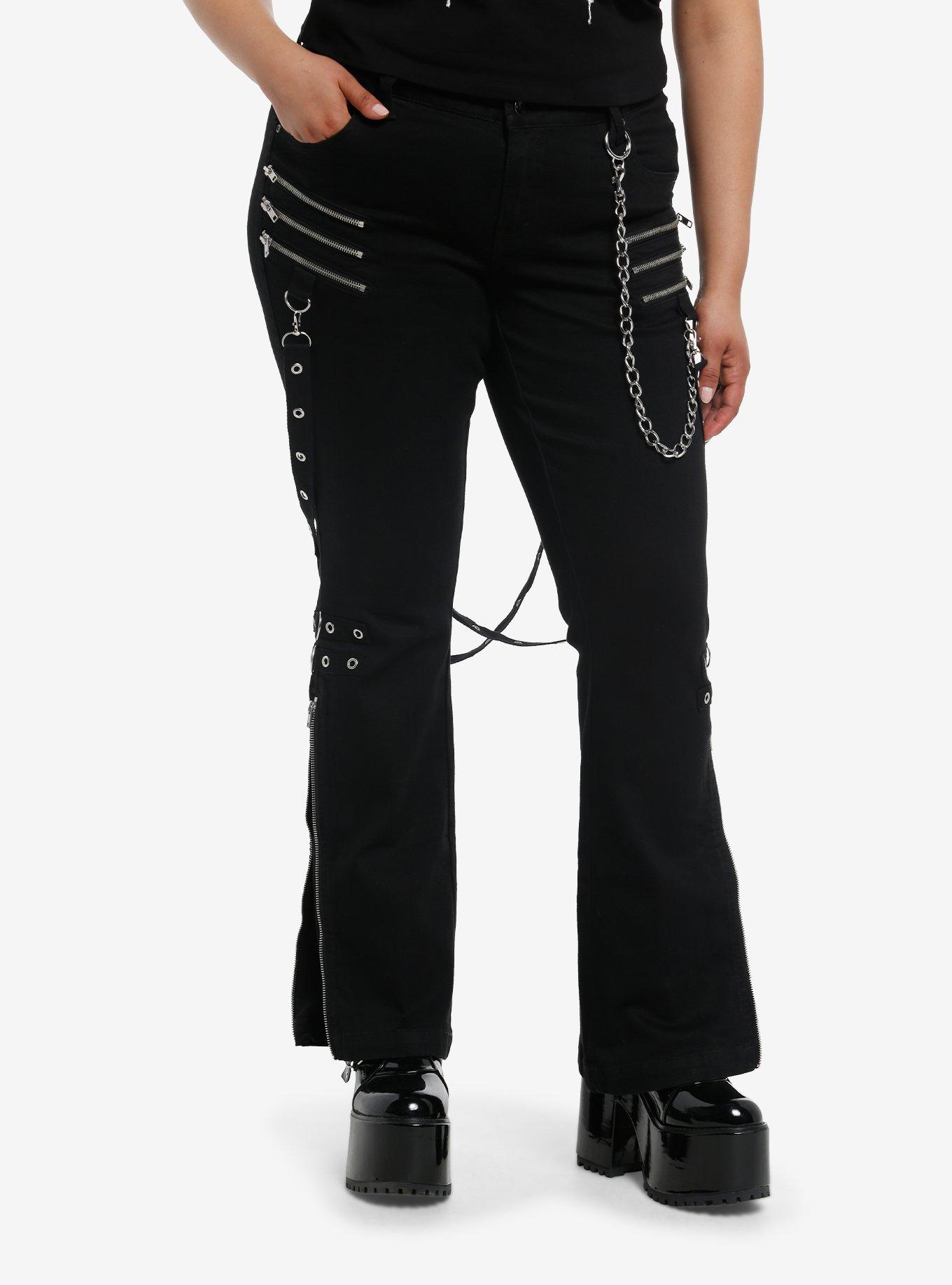 Social Collision Black Zipper Chain Suspender Flare Pants Plus Size, , hi-res