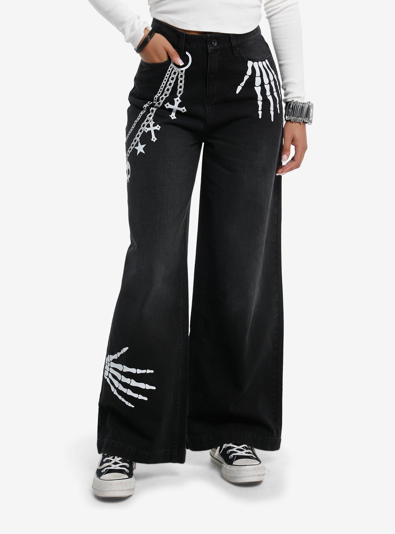 Skeleton Hands Black Wide Leg Jeans, , hi-res