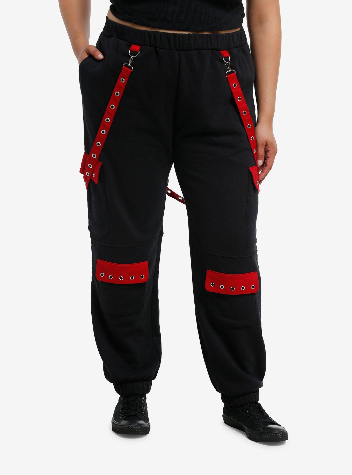 Black & Red Grommet Suspender Girls Jogger Sweatpants Plus Size, , hi-res