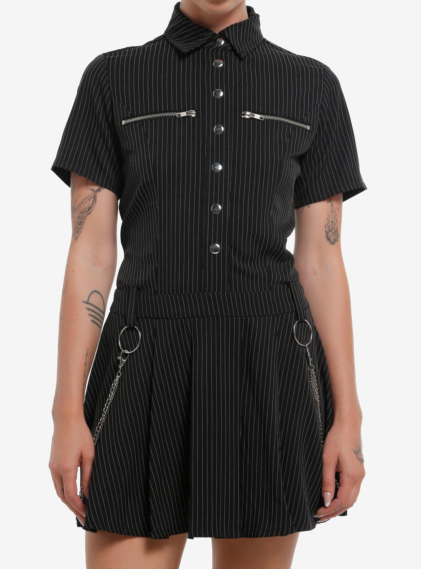 Black Pinstripe Lace-Up Pleated Dress, , hi-res