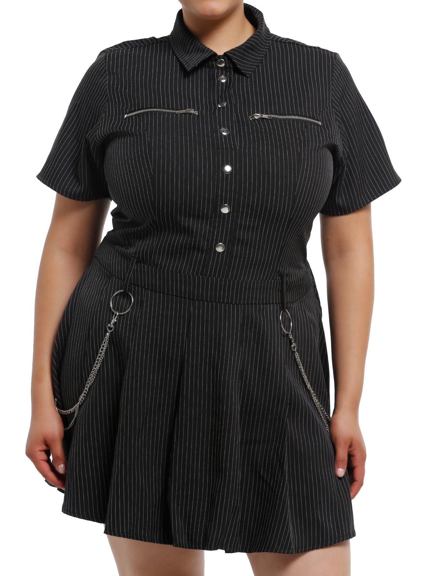 Black Pinstripe Lace-Up Pleated Dress Plus Size, , hi-res