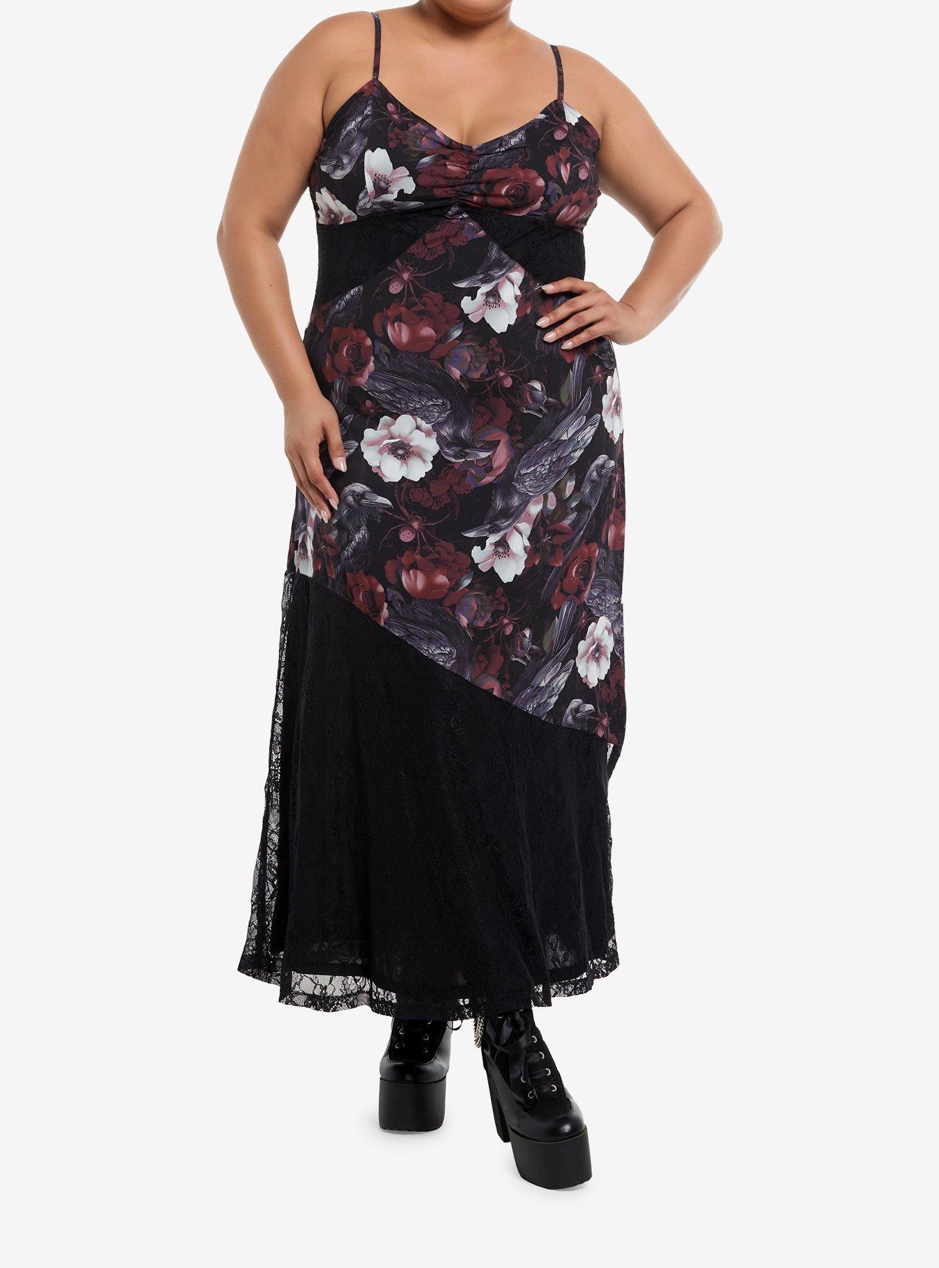 Cosmic Aura Crows & Flowers Lace Panel Maxi Dress Plus Size, , hi-res