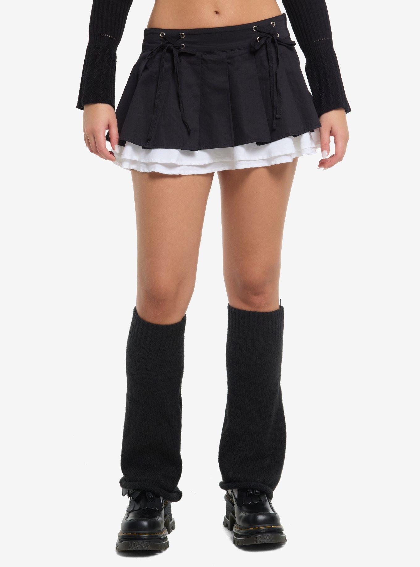 Black Lace-Up White Layered Mini Skirt, , hi-res
