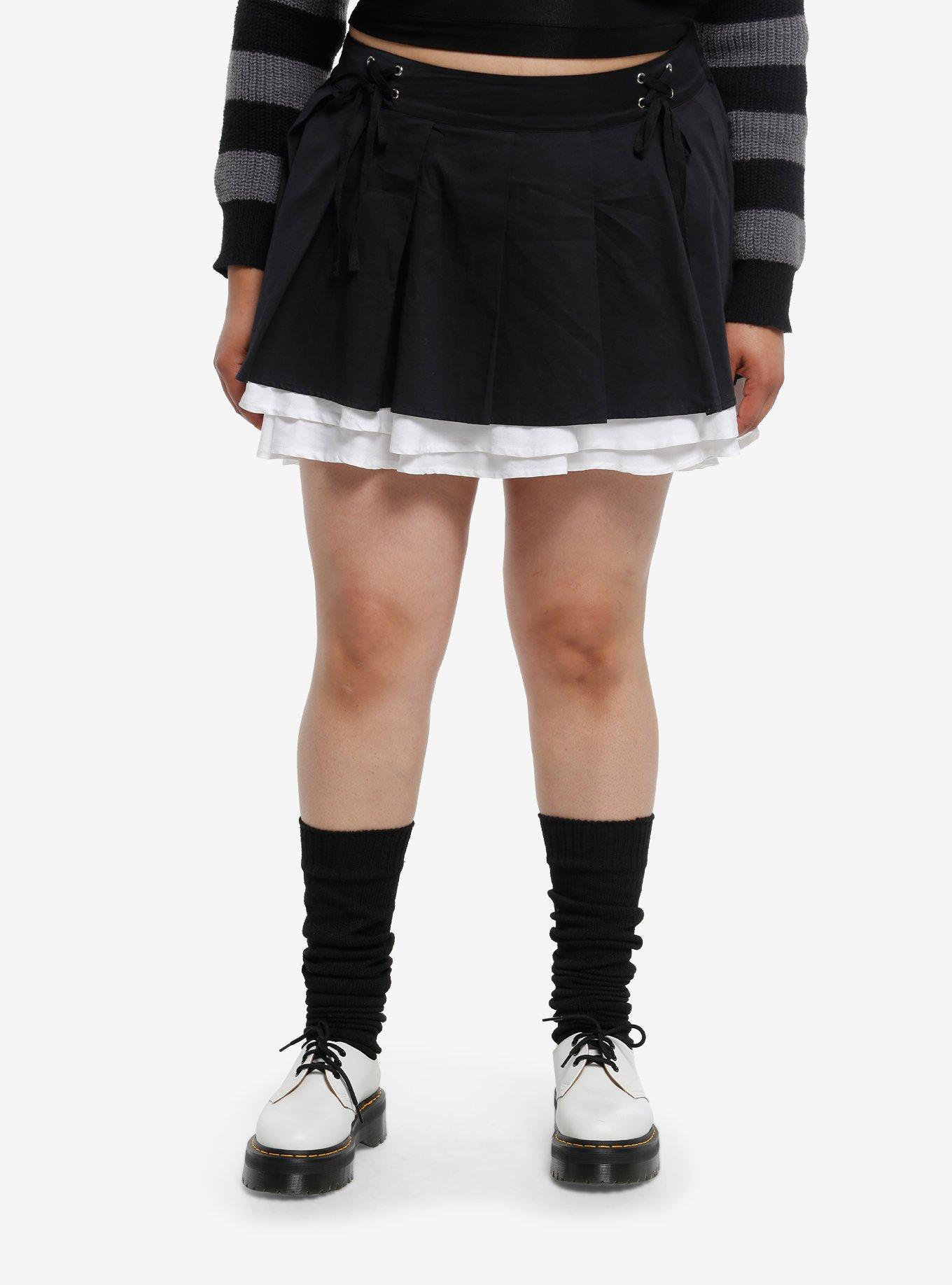 Black Lace-Up White Layered Mini Skirt Plus Size, , hi-res
