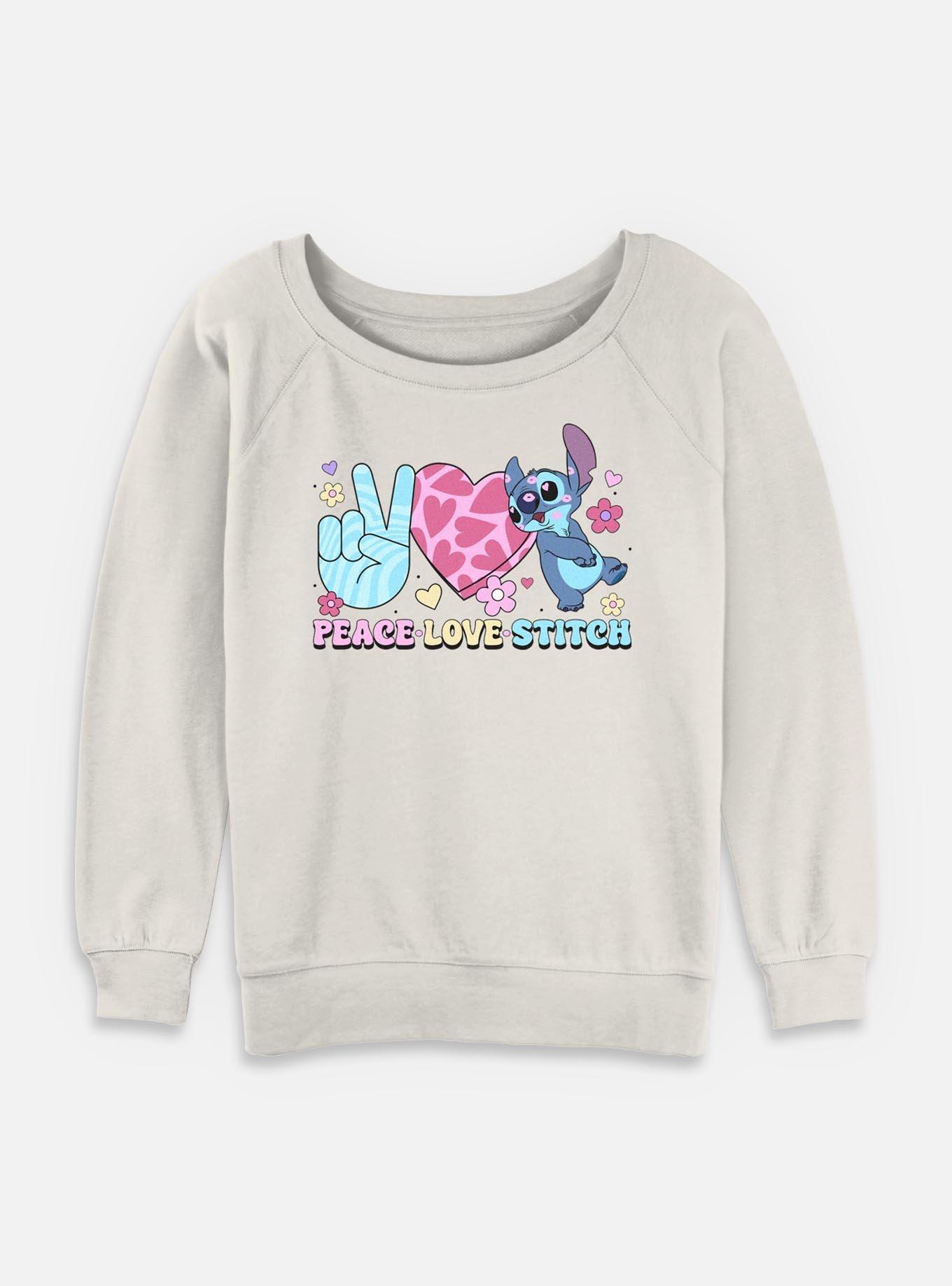 Disney Lilo & Stitch Peace Love Stitch Womens Slouchy Sweatshirt, EGRET, hi-res