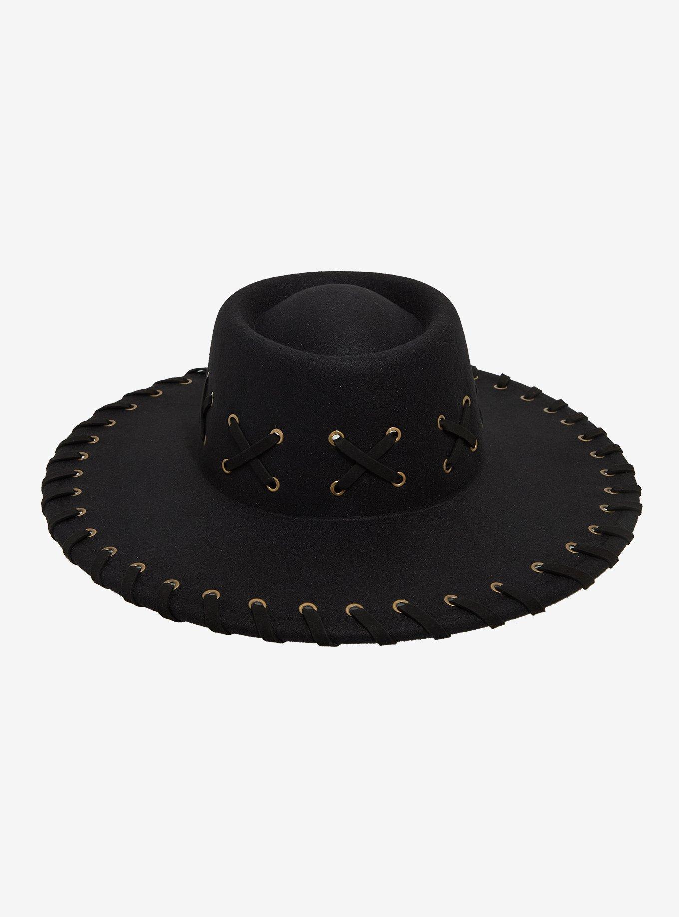 Black Grommet Whipstitch Wide Brim Hat, , hi-res