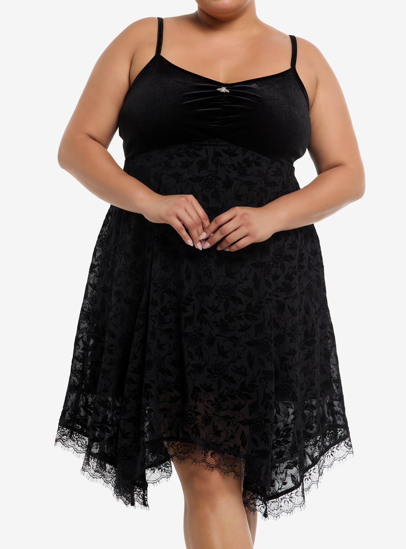 Cosmic Aura Floral Flocked Lace Hanky Hem Cami Dress Plus Size, , hi-res