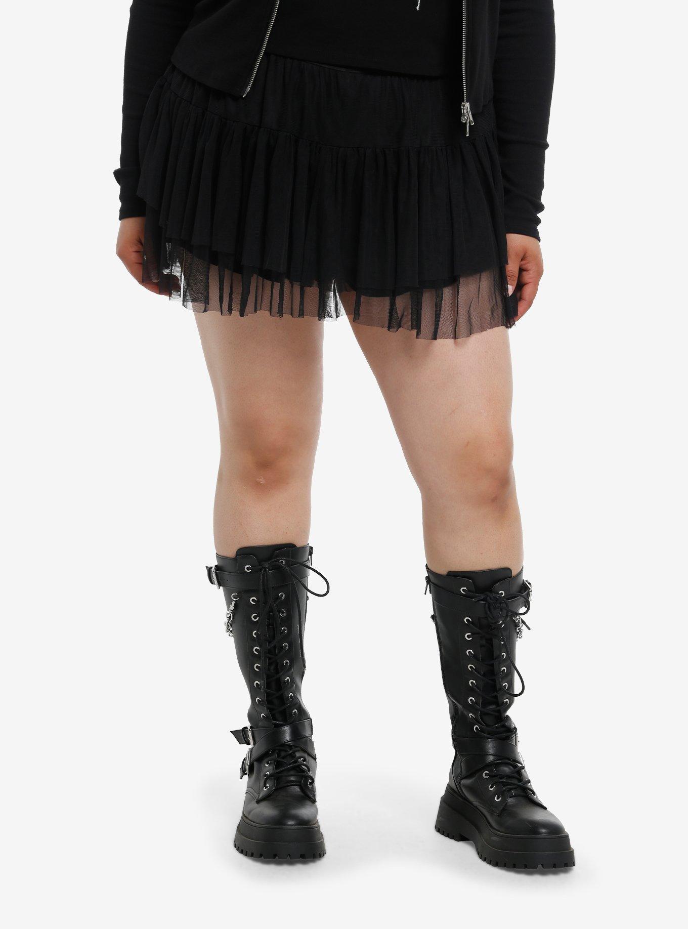 Black Mesh Tiered Low Rise Skort Plus Size, , hi-res