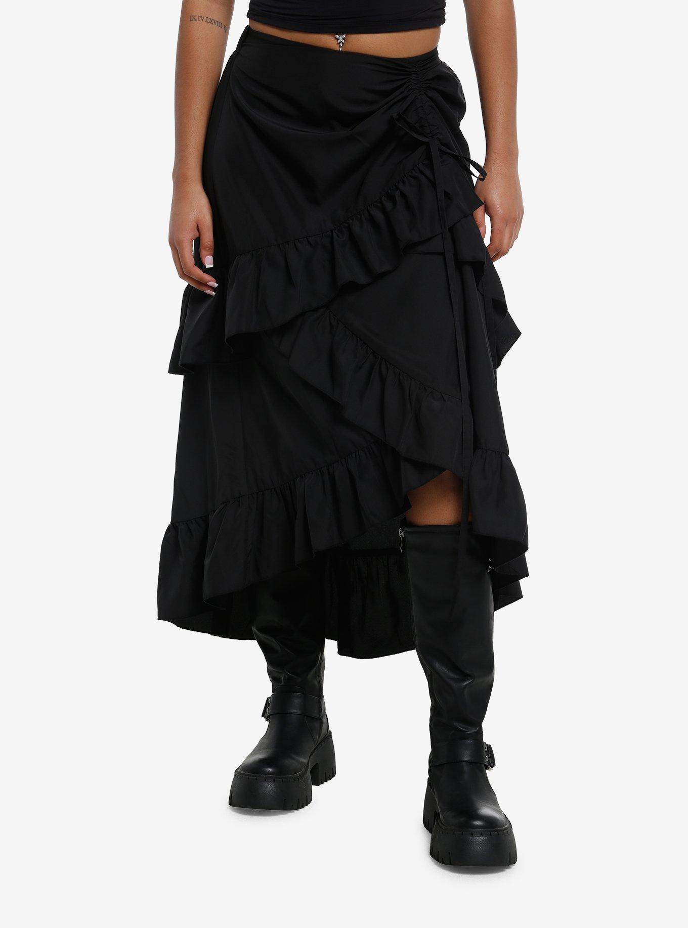 Cosmic Aura Black Asymmetrical Ruffle Tiered Midi Skirt, , hi-res