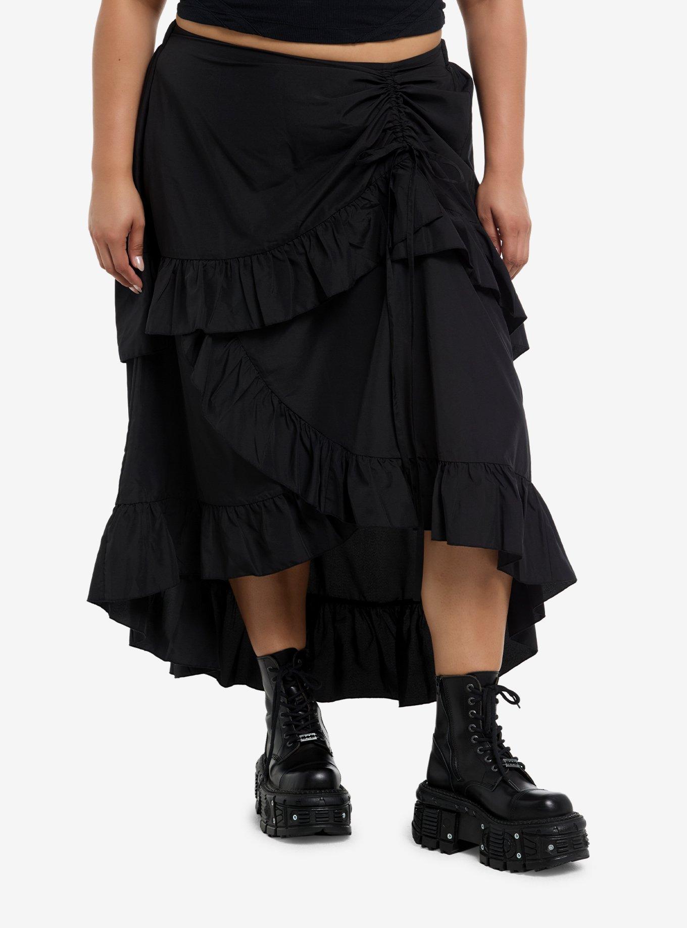 Cosmic Aura Black Asymmetrical Ruffle Tiered Midi Skirt Plus Size, , hi-res