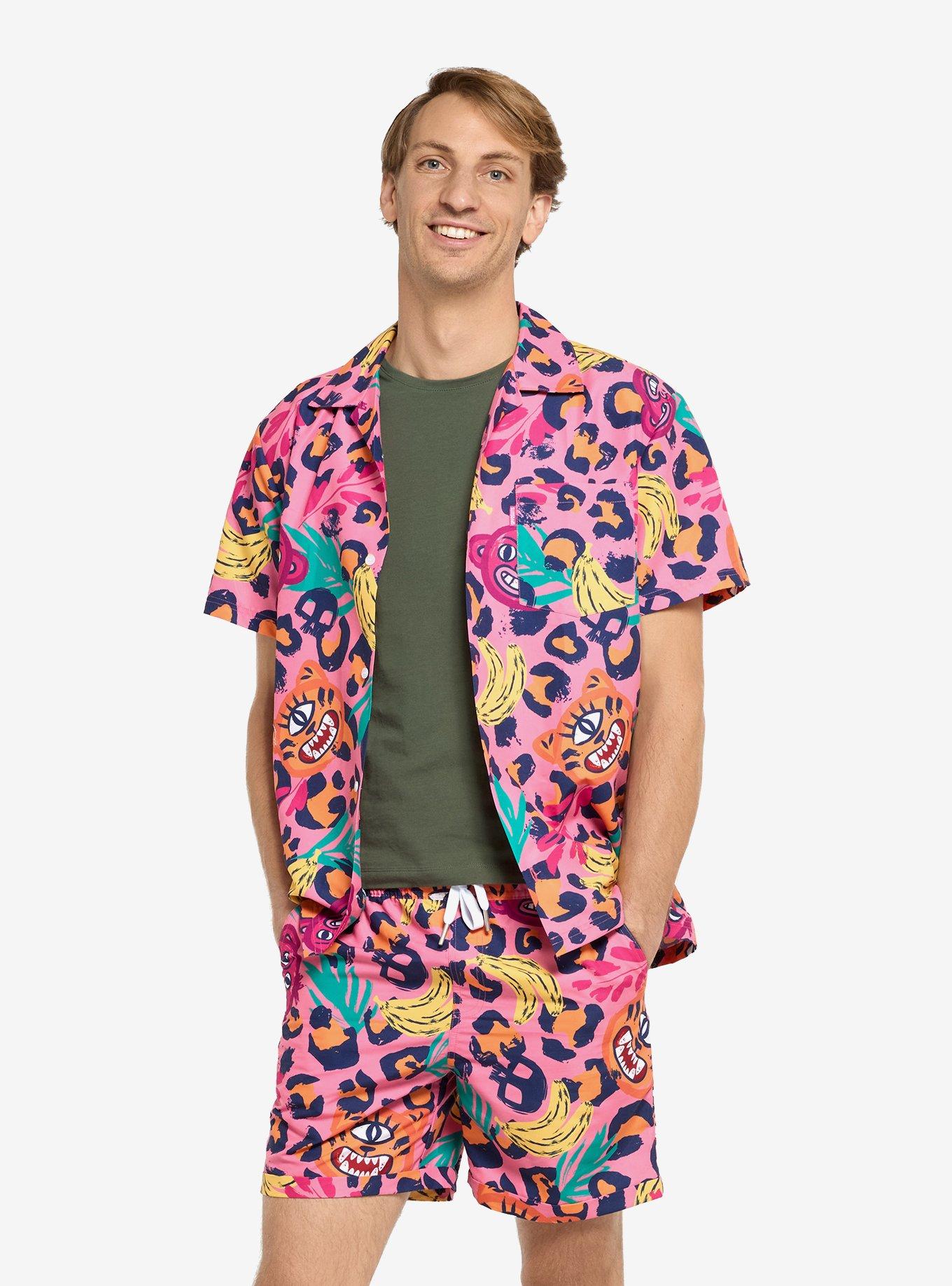 Jazzy Jungle Button-Up Shirt & Short Set, PINK, hi-res