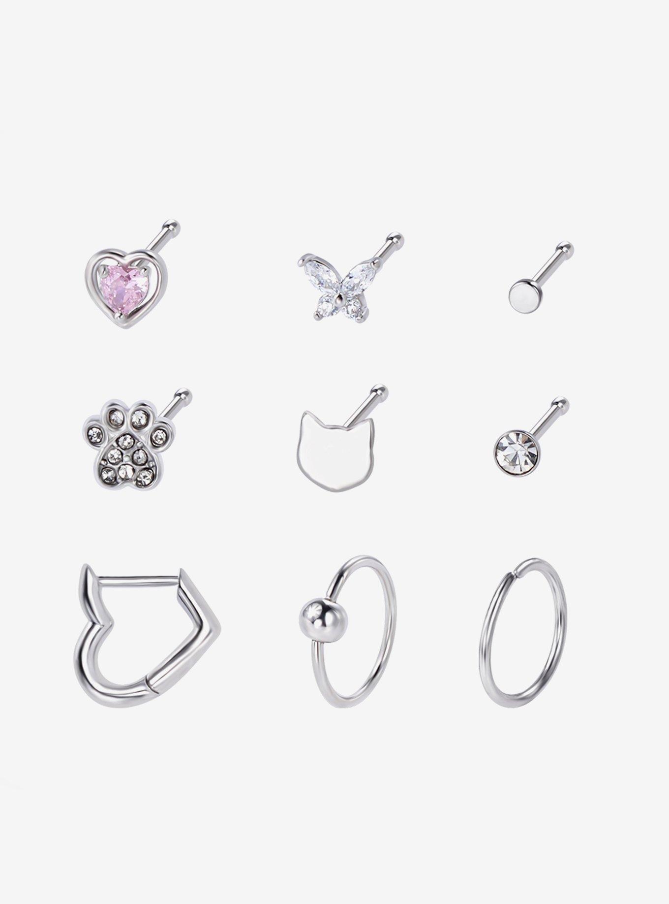 Steel Silver Kitty Heart Nose Stud & Captive Hoop 9 Pack, , hi-res