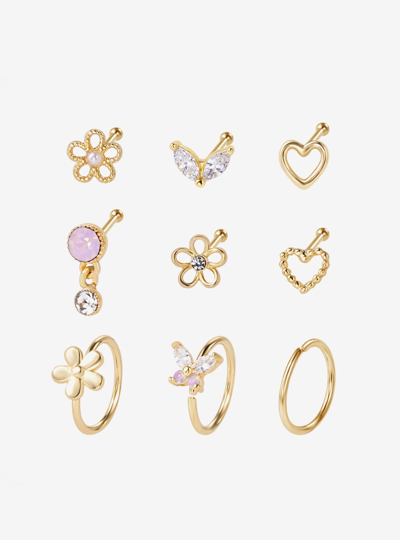 Steel Gold Daisy Nose Stud & Captive Hoop 9 Pack, , hi-res