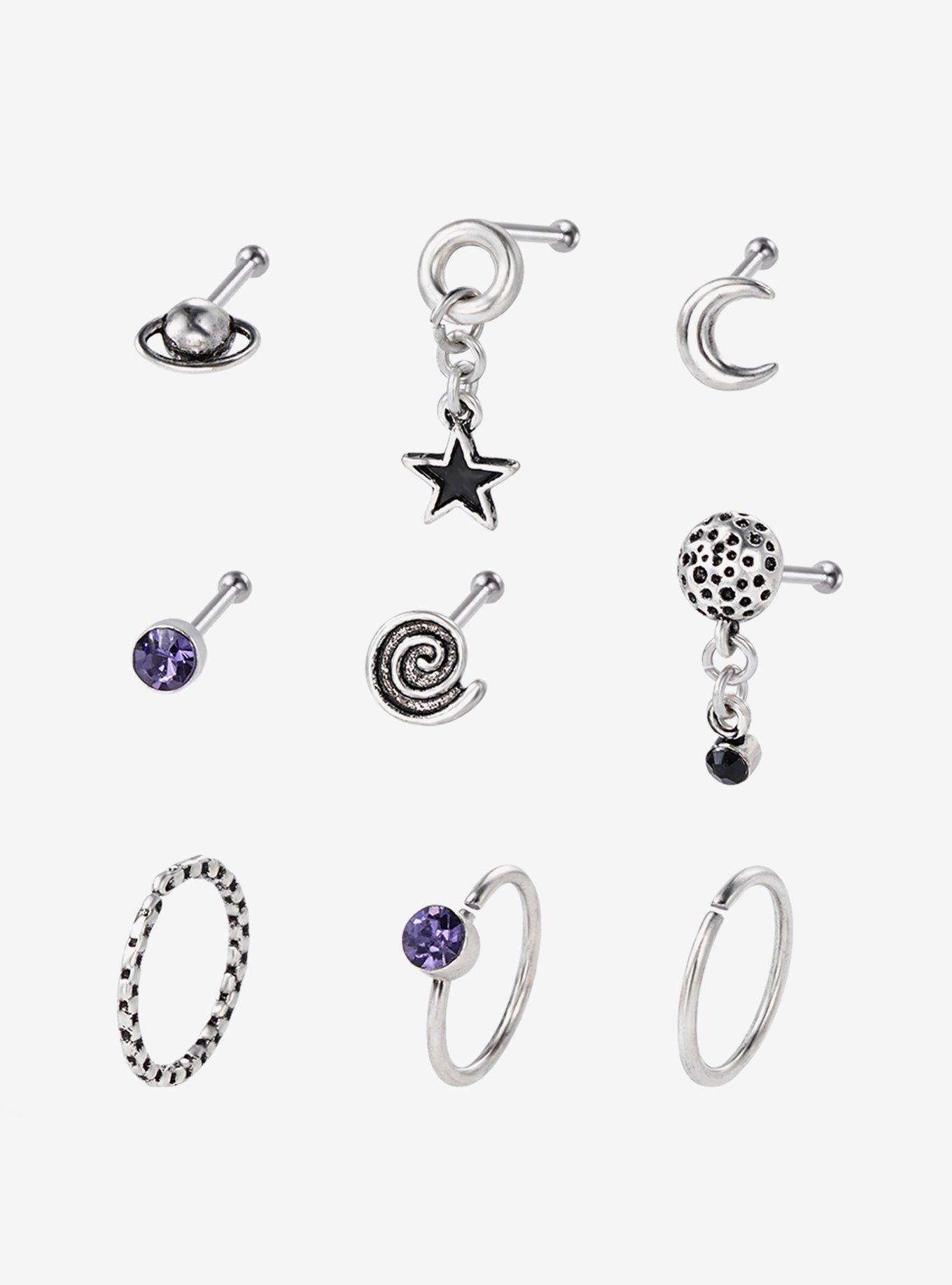 Steel Silver Star Swirl Nose Stud & Captive Hoop 9 Pack, , hi-res