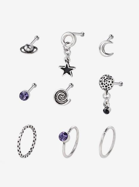 Steel Silver Star Swirl Nose Stud & Captive Hoop 9 Pack