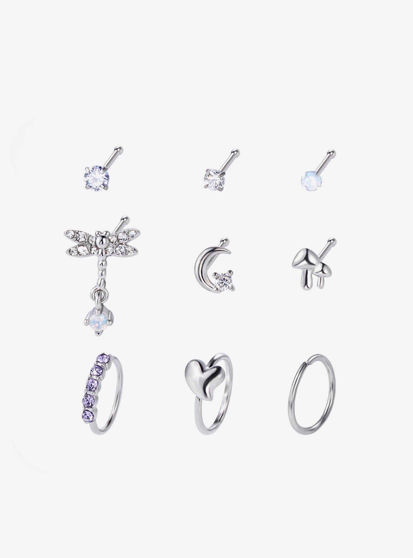 Steel Dragonfly Mushroom Heart Nose Stud & Hoop 9 Pack, , hi-res
