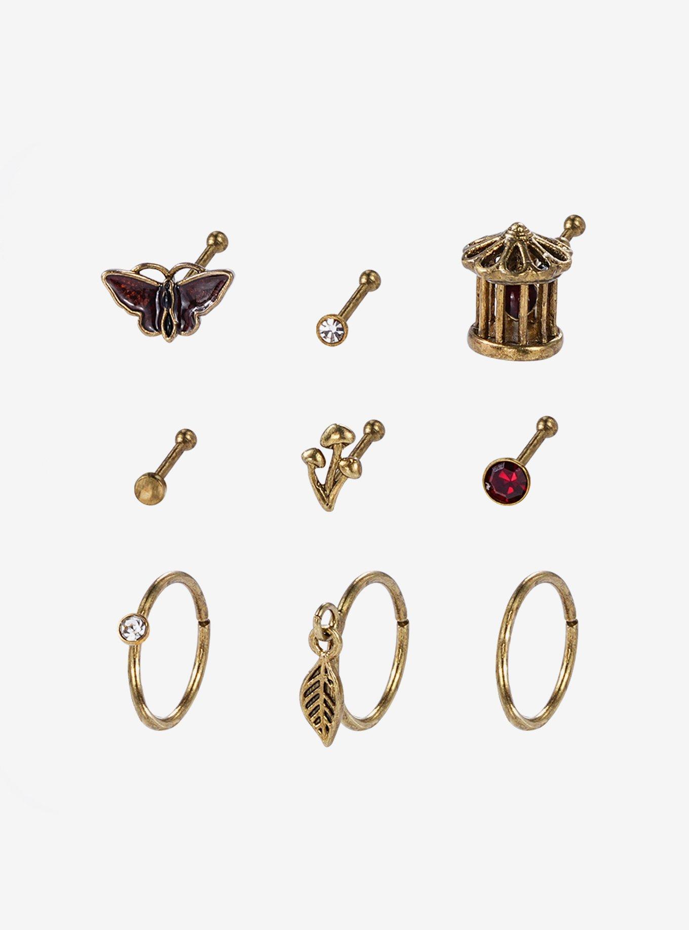 Steel Gold Butterfly Mushroom Nose Stud & Captive Hoop 9 Pack, , hi-res