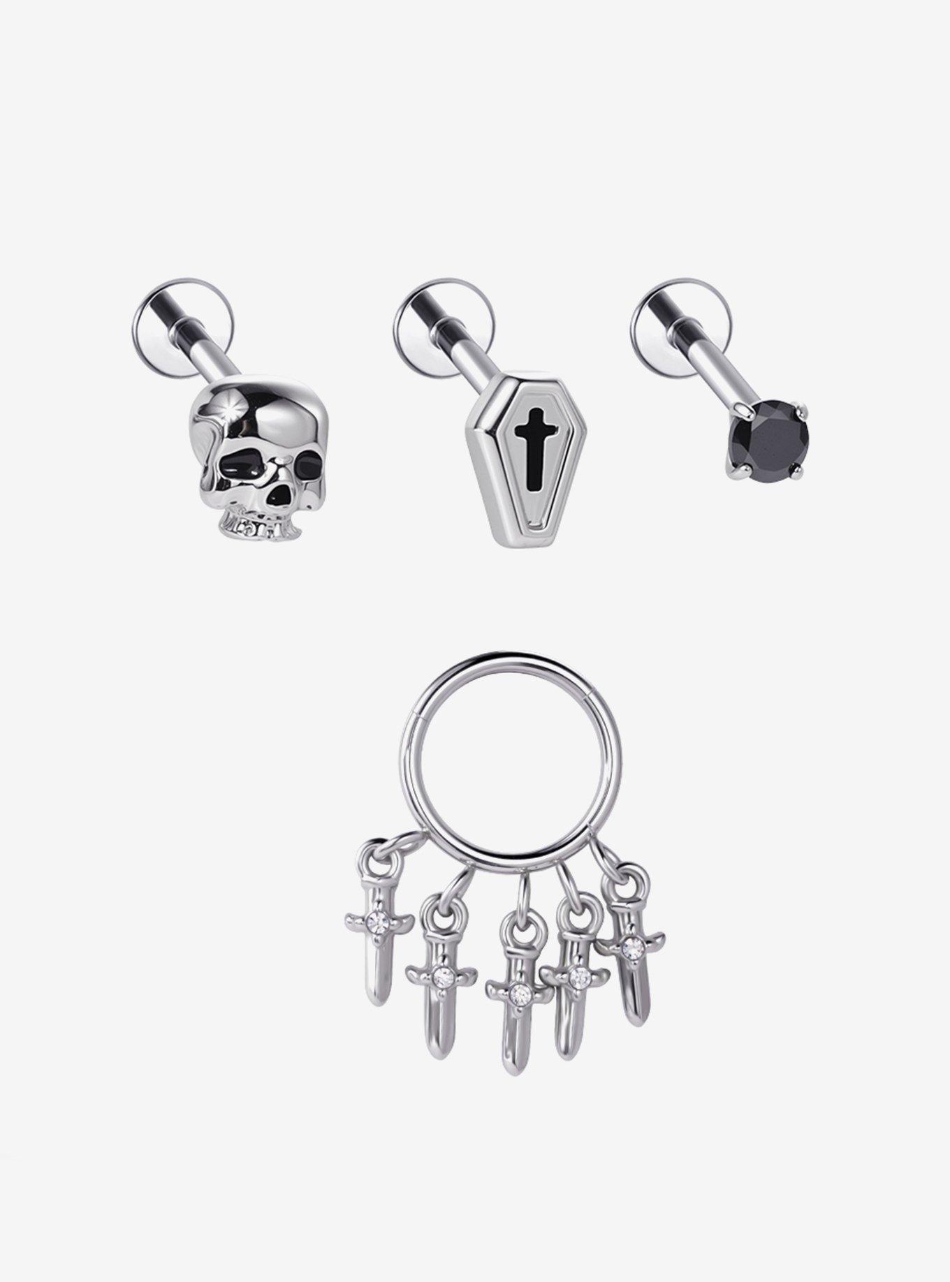 Steel Skull Cartilage Stud & Hoop 4 Pack, , hi-res