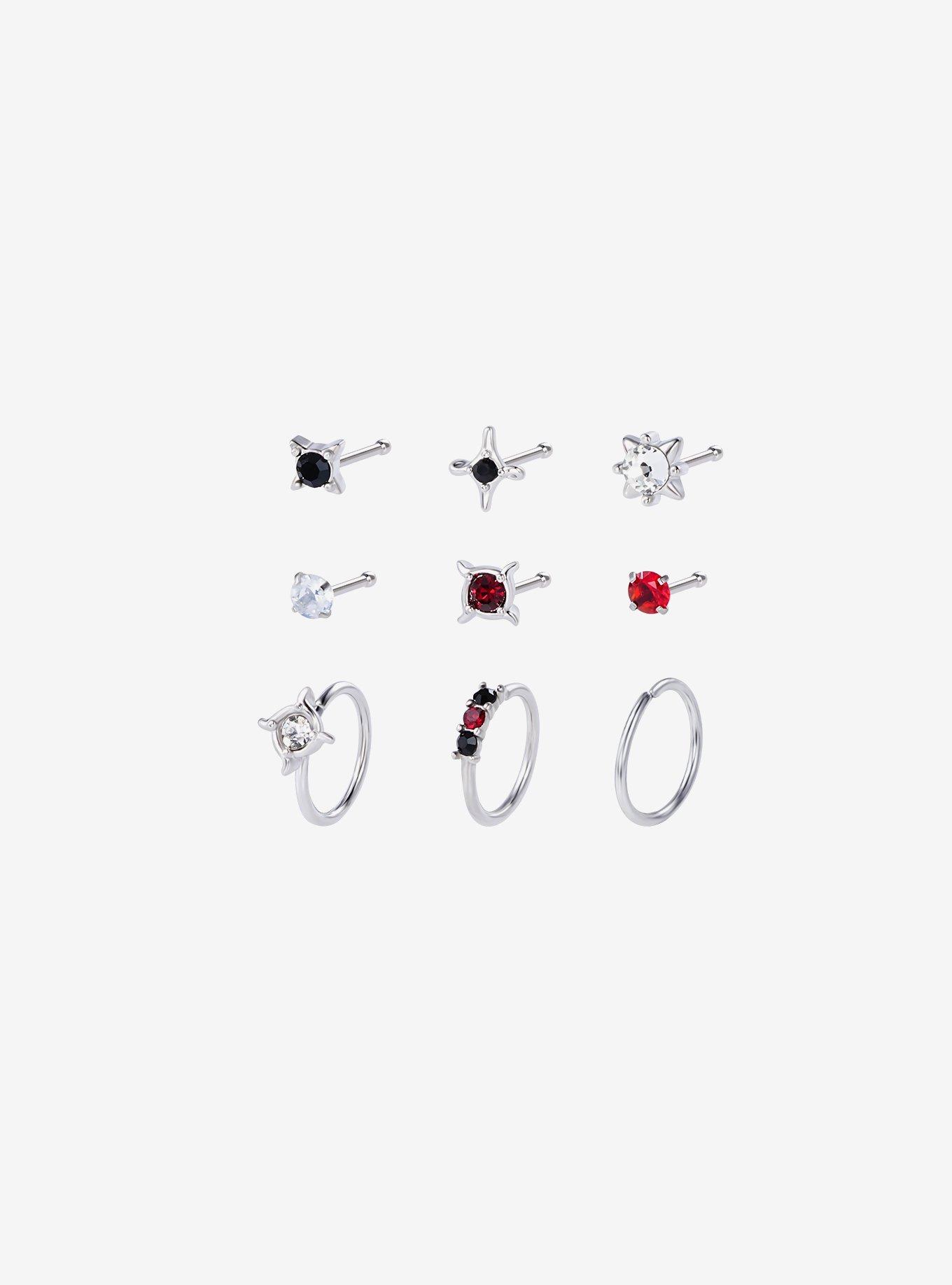 18G Steel Black & Red Gothic Bling Nose Stud & Hoop 9 Pack, , hi-res