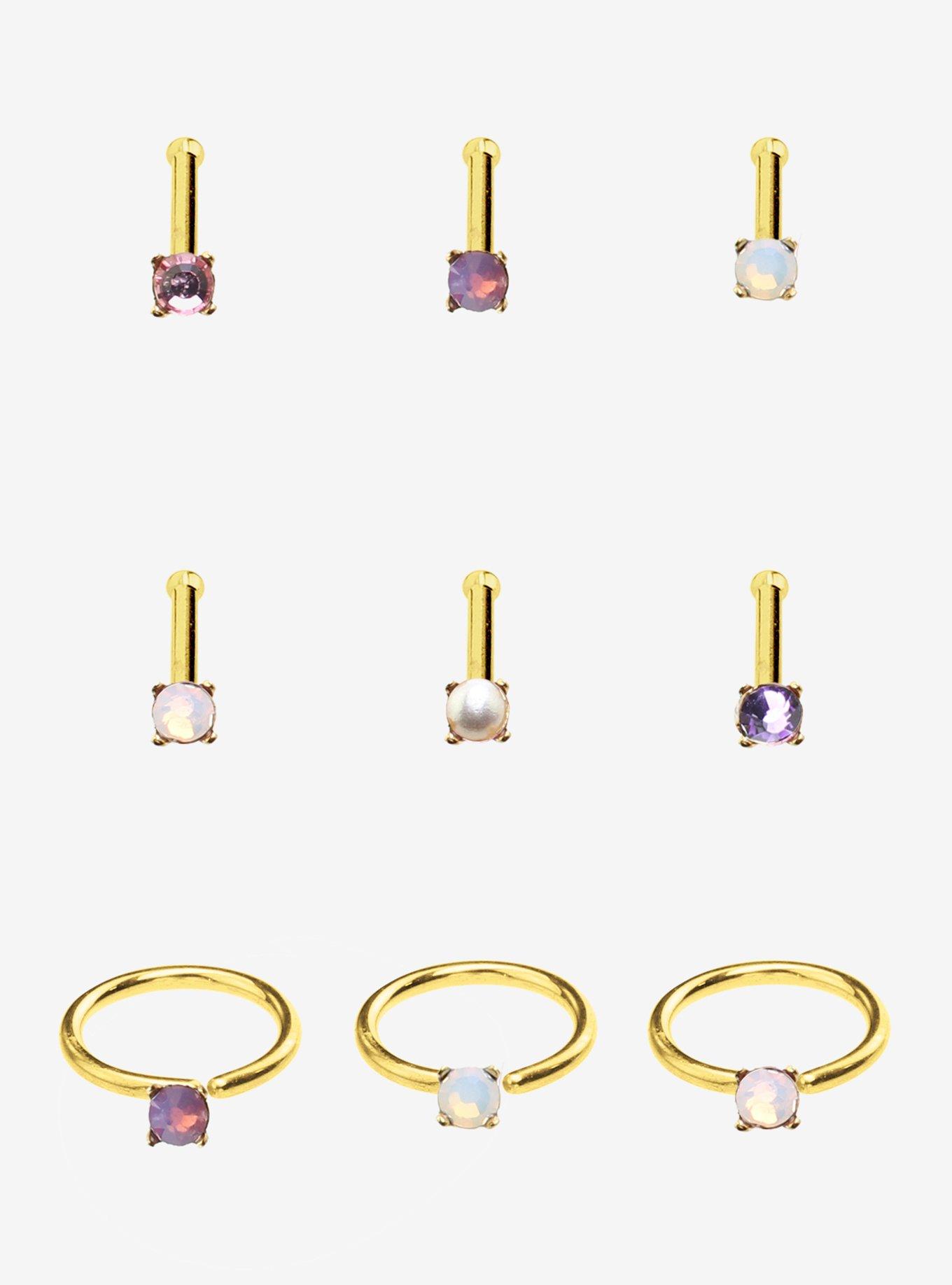 Steel Gold Purple Iridescent Gem Nose Stud & Hoop 9 Pack, , hi-res