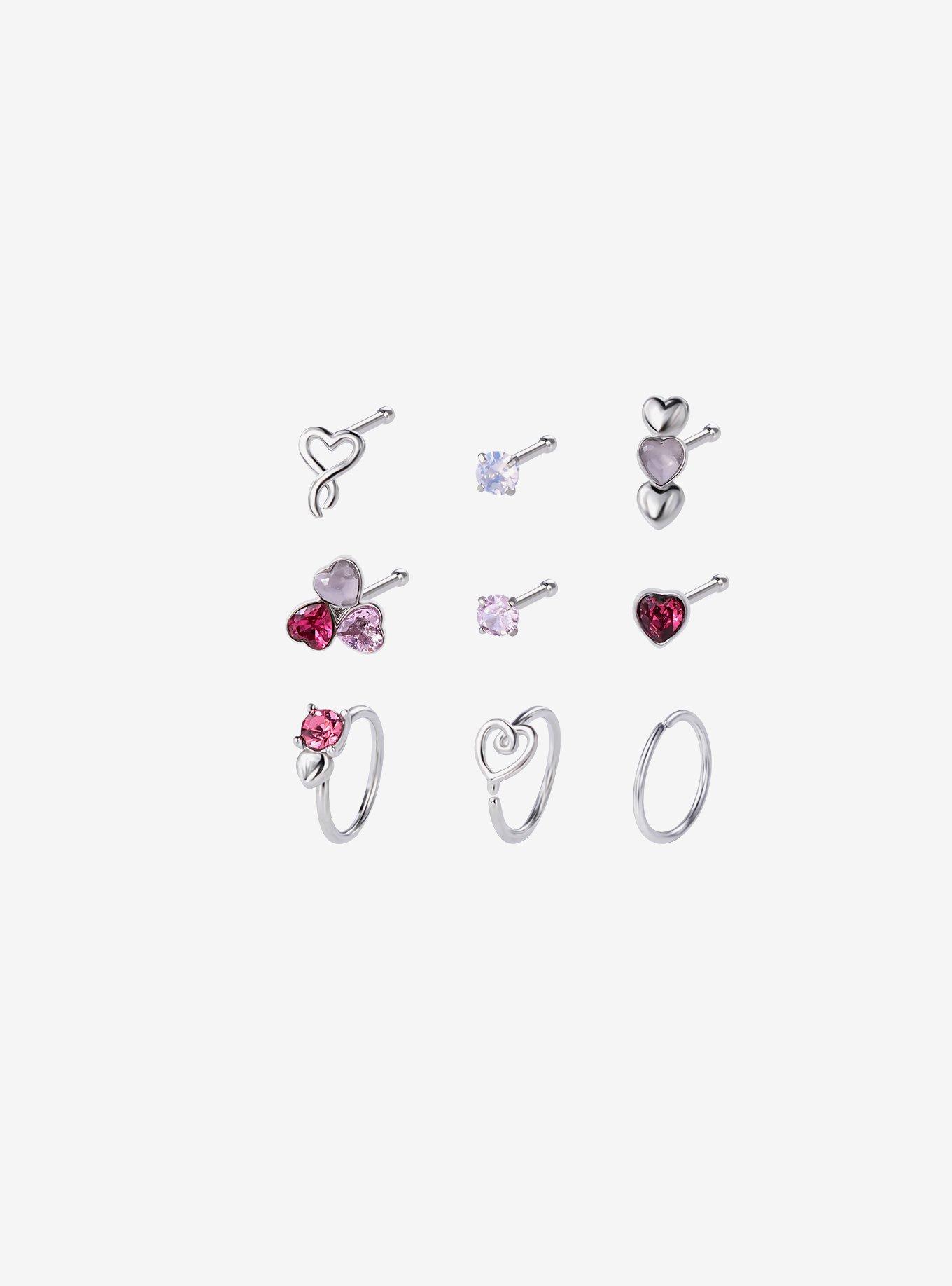 Steel Bling Heart Nose Stud & Hoop 9 Pack, , hi-res