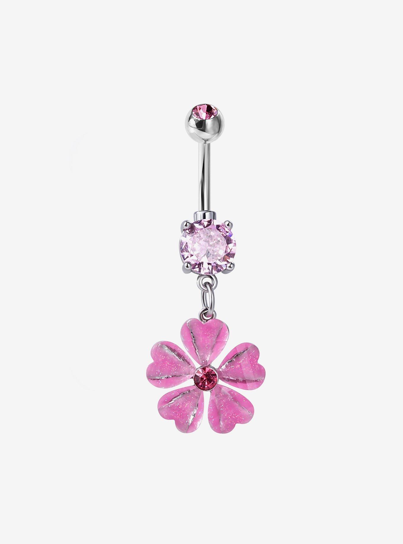 14G Steel Pink Flower Navel Barbell, , hi-res