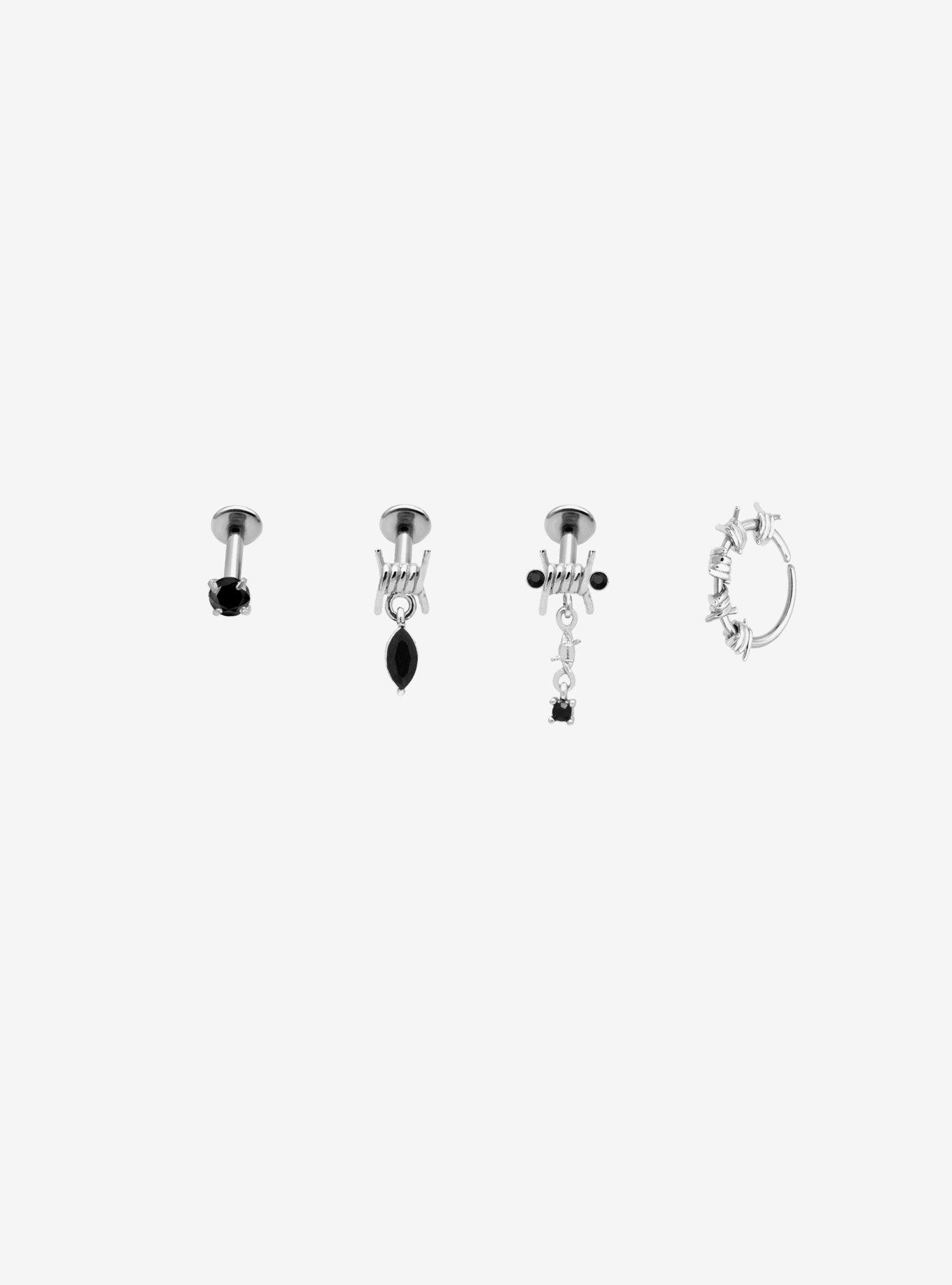 Steel Barbed Wire Black Gem Labret Stud & Hoop 4 Pack, , hi-res