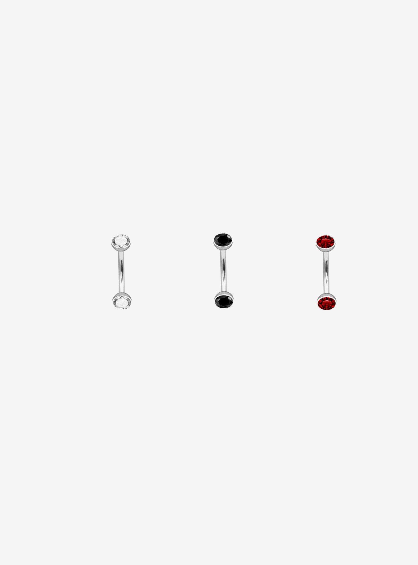 16G Steel Black & Red Gem Eyebrow Barbell 3 Pack, , hi-res