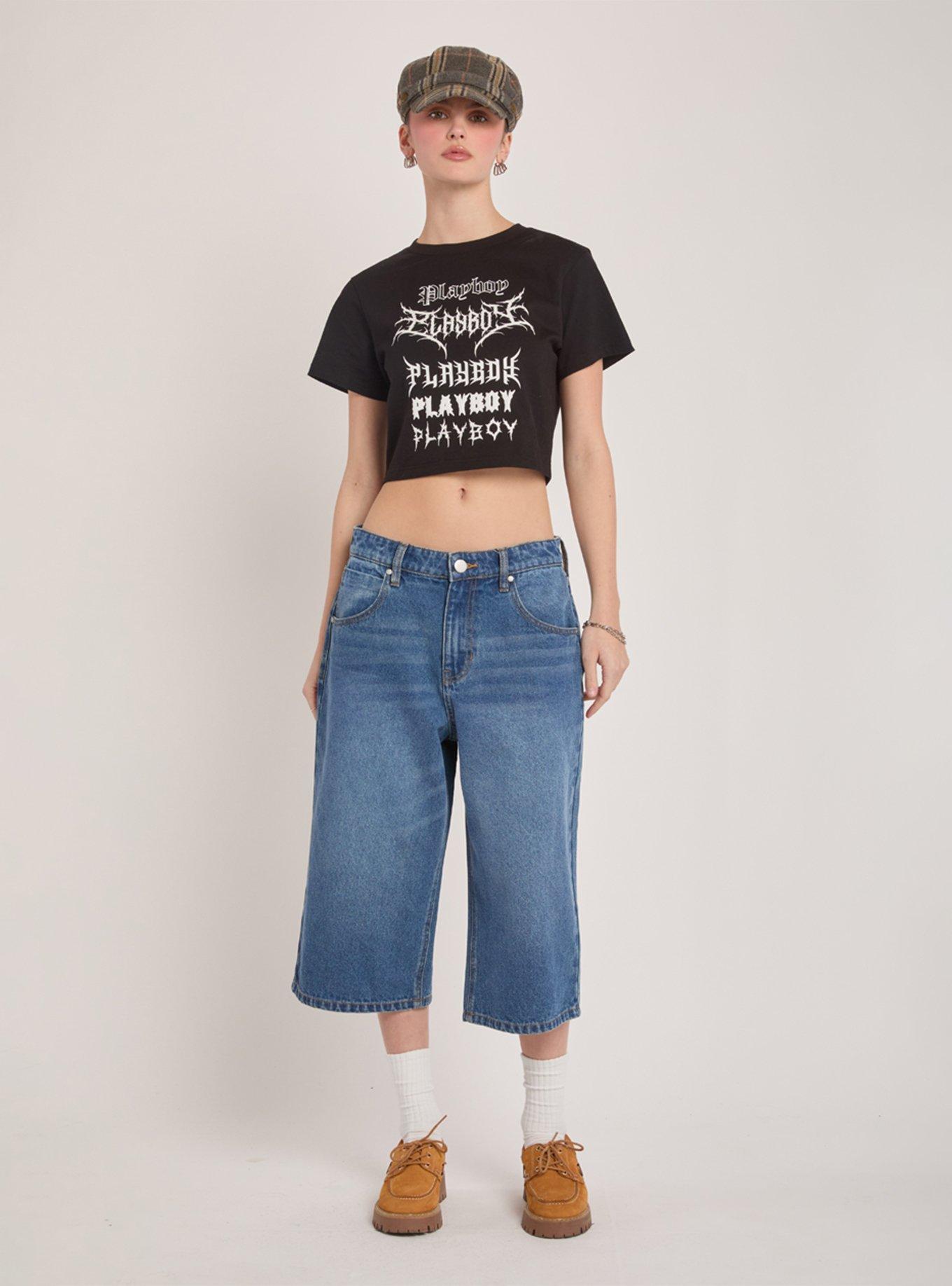 Playboy Black Graffiti Font Cropped Tee, , hi-res