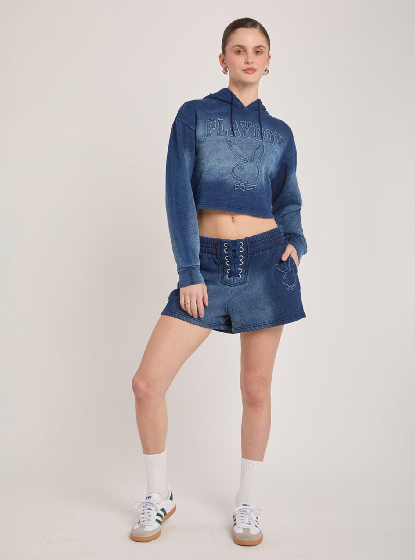 Playboy Indigo Knit Lace Back Hoodie, , hi-res
