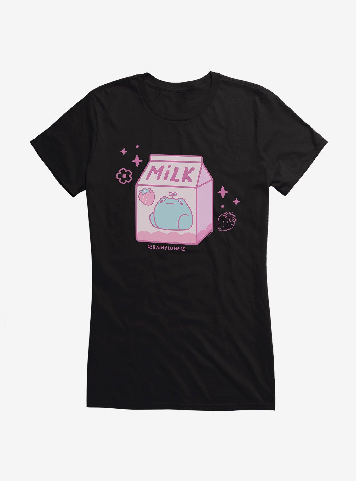 Rainylune Sprout The Frog Strawberry Milk Girls T-Shirt, BLACK, hi-res