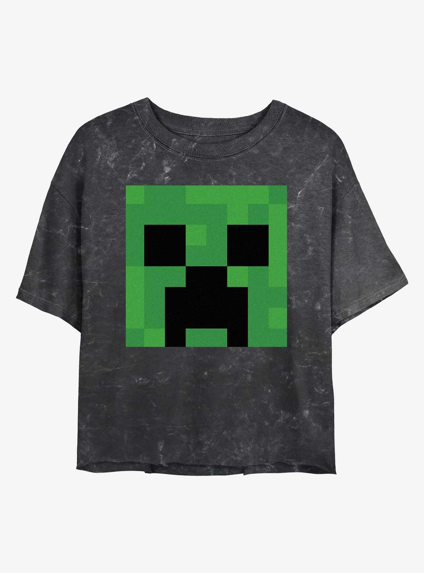 Minecraft Creeper Big Face Girls Mineral Wash Crop T-Shirt, BLACK, hi-res