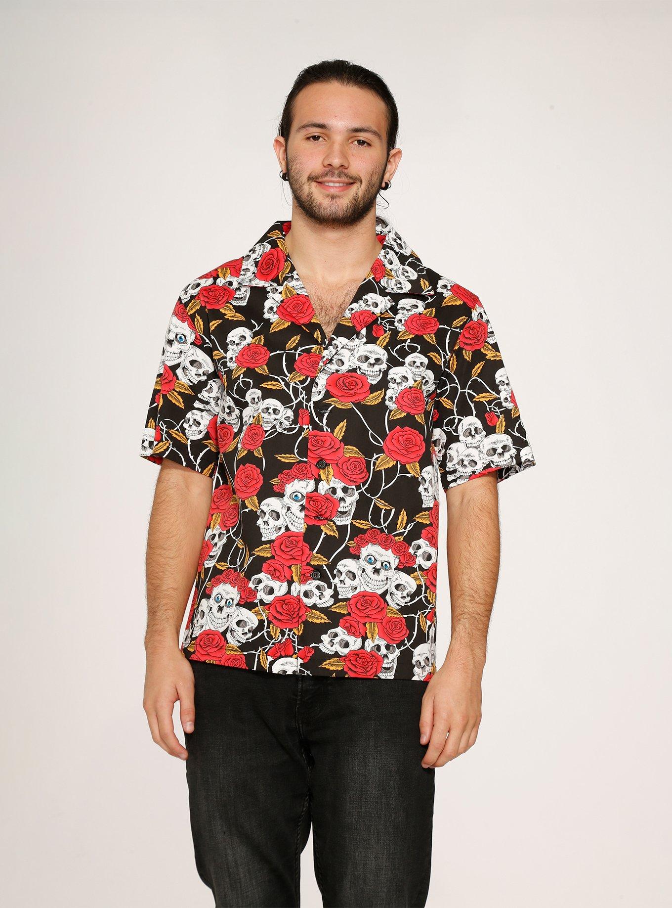 Black Red Rose Skulls Button-Up Shirt, , hi-res