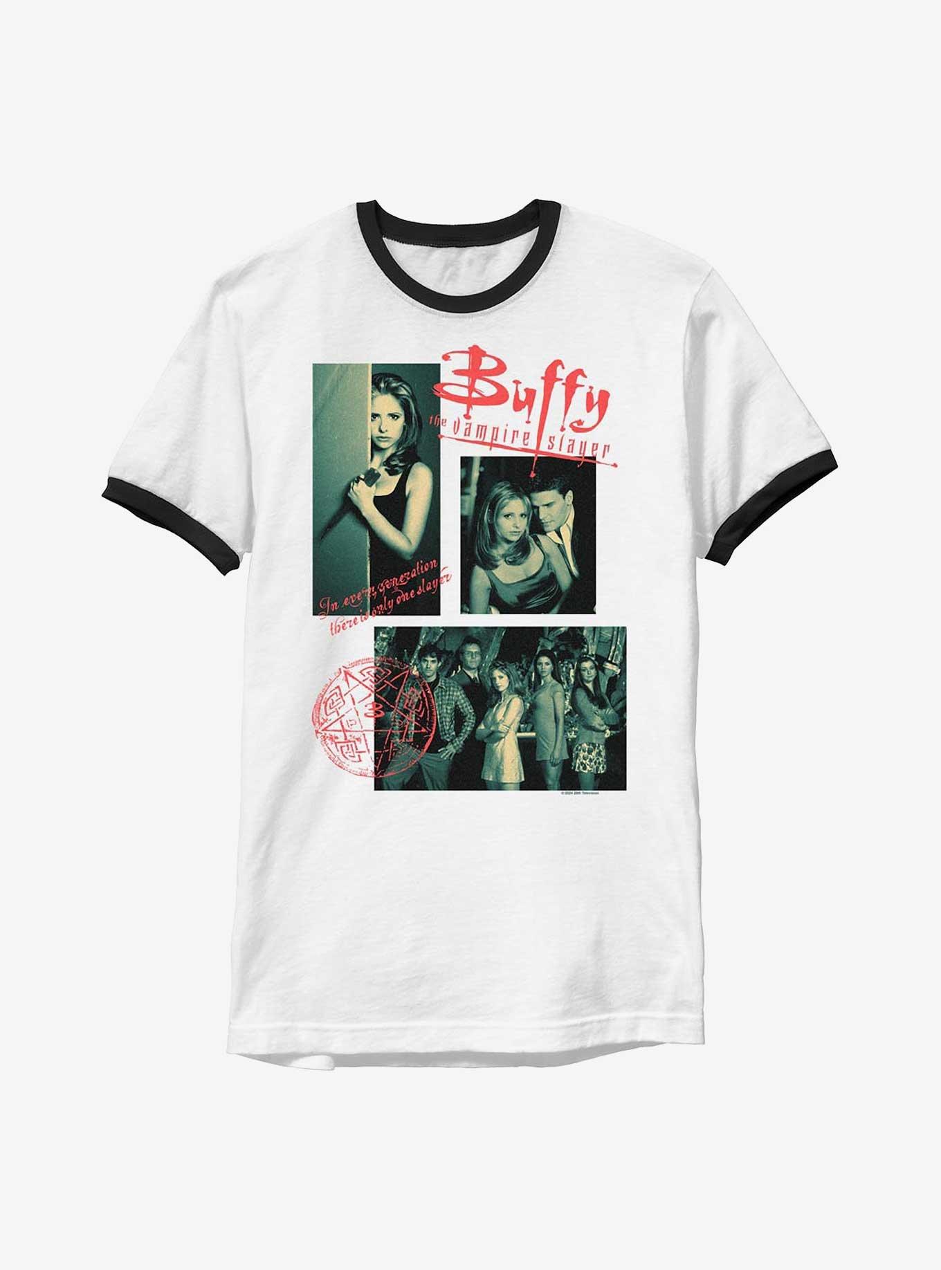 Buffy The Vampire Slayer Multi Image Ringer T-Shirt, WHTBLK, hi-res
