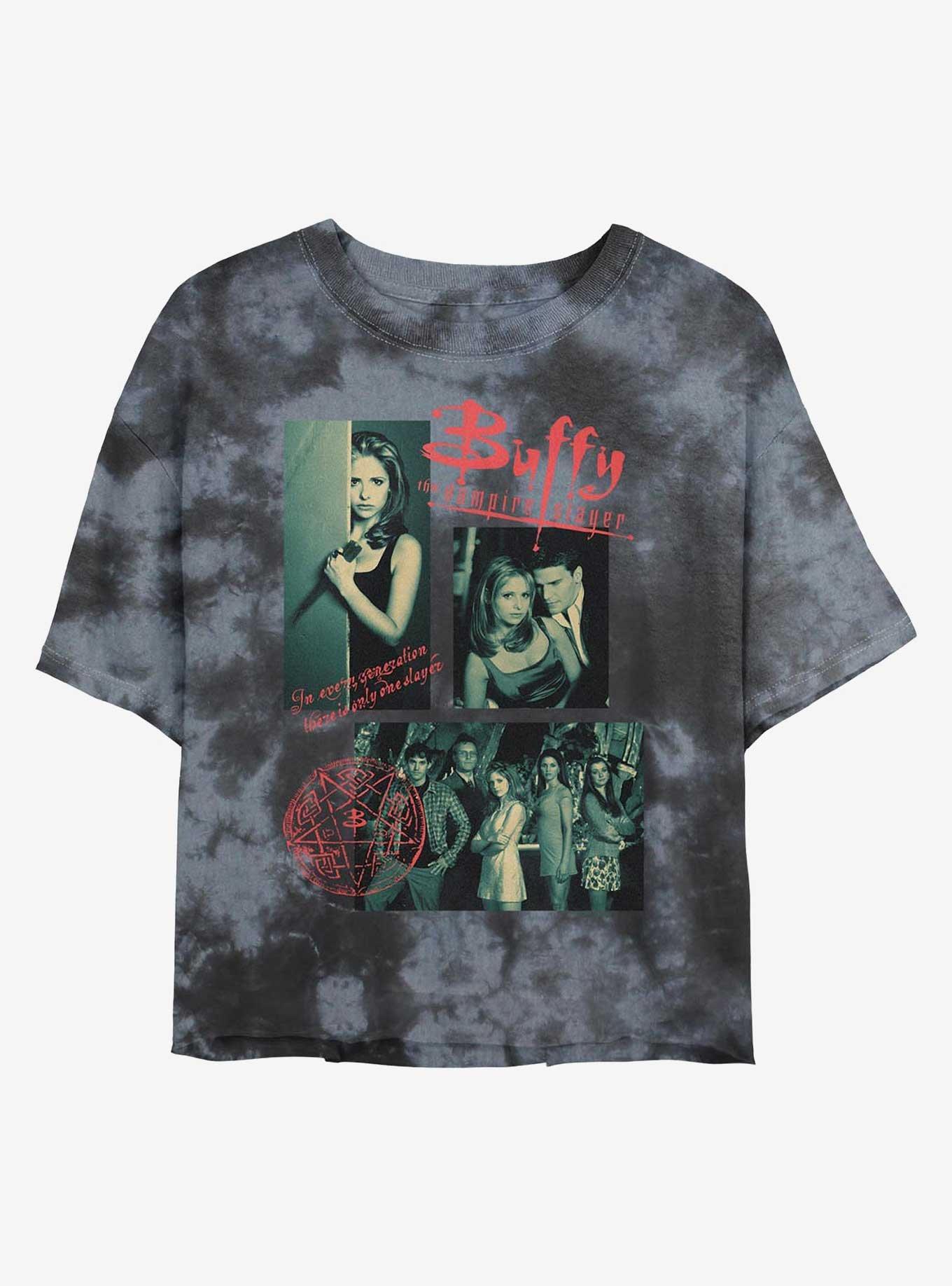 Buffy The Vampire Slayer Multi Image Girls Tie-Dye Crop T-Shirt, BLKCHAR, hi-res