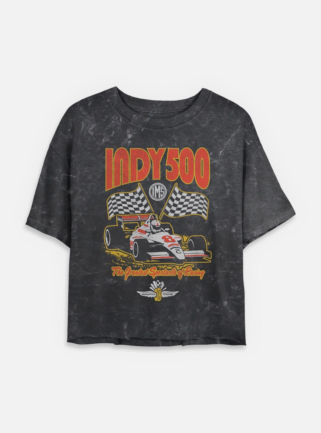 Indianapolis 500 Checkered Flags Racing Mineral Wash Womens Crop T-Shirt, BLACK, hi-res